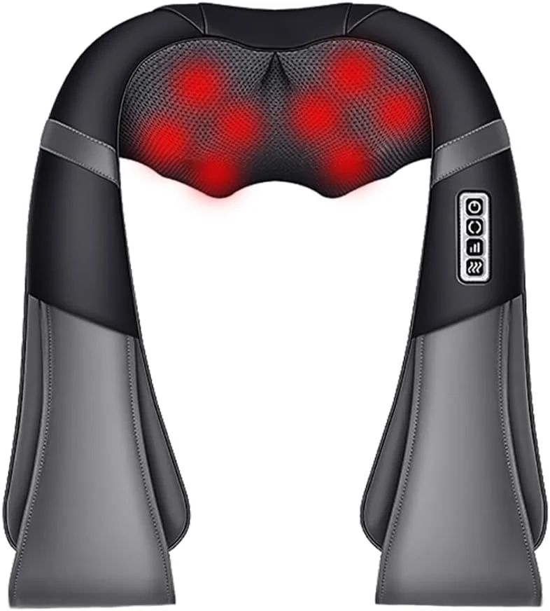 ماساژور گردن و شانه AMINAC با گرمای آرامش بخش، ماساژ الکتریکی بافت عمیق سه بعدی برای شانه، پا و تسکین درد عضلات بدن، مناسب برای استفاده در خانه، محل کار و خودرو، مشکی