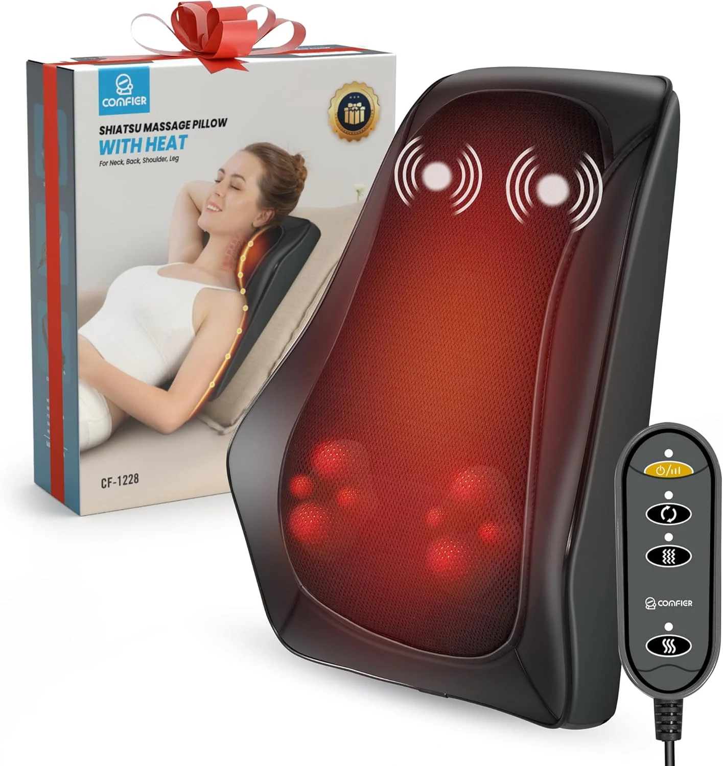 ماساژور شیاتسو Comfier برای گردن، شانه ها و کمر - گرما و ورز دادن سه بعدی برای تسکین درد - بالش ماساژ هدیه برای مردان و زنان