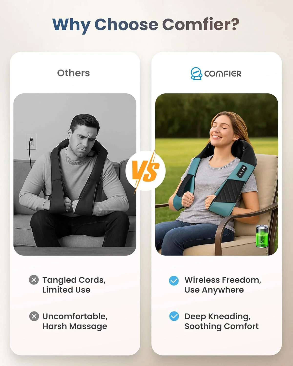 ماساژور گردن بی سیم COMFIER برای درد گردن، ماساژور شانه شیاتسو با گرما، بالش ماساژور عمقی بافت سه بعدی، قابل شارژ و قابل حمل، هدیه تولد برای زنان و مردان