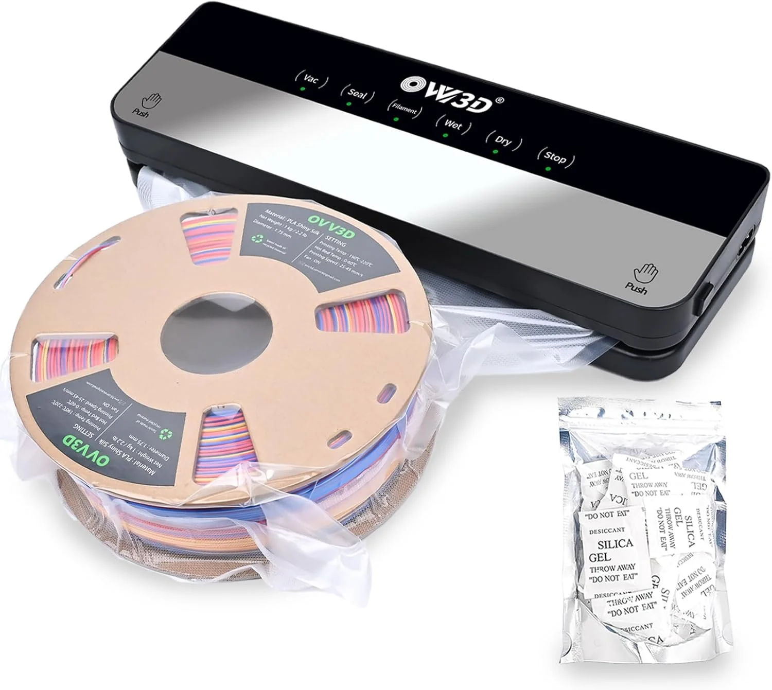 دستگاه وکیوم سه بعدی فیلامنت برای کیسه های نگهداری فیلامنت، مهر و موم کاملا خودکار، بدون نشت هوا، کیت 30 عددی کیسه های وکیوم شده فیلامنت پرینتر سه بعدی به همراه 30 ماده خشک کننده