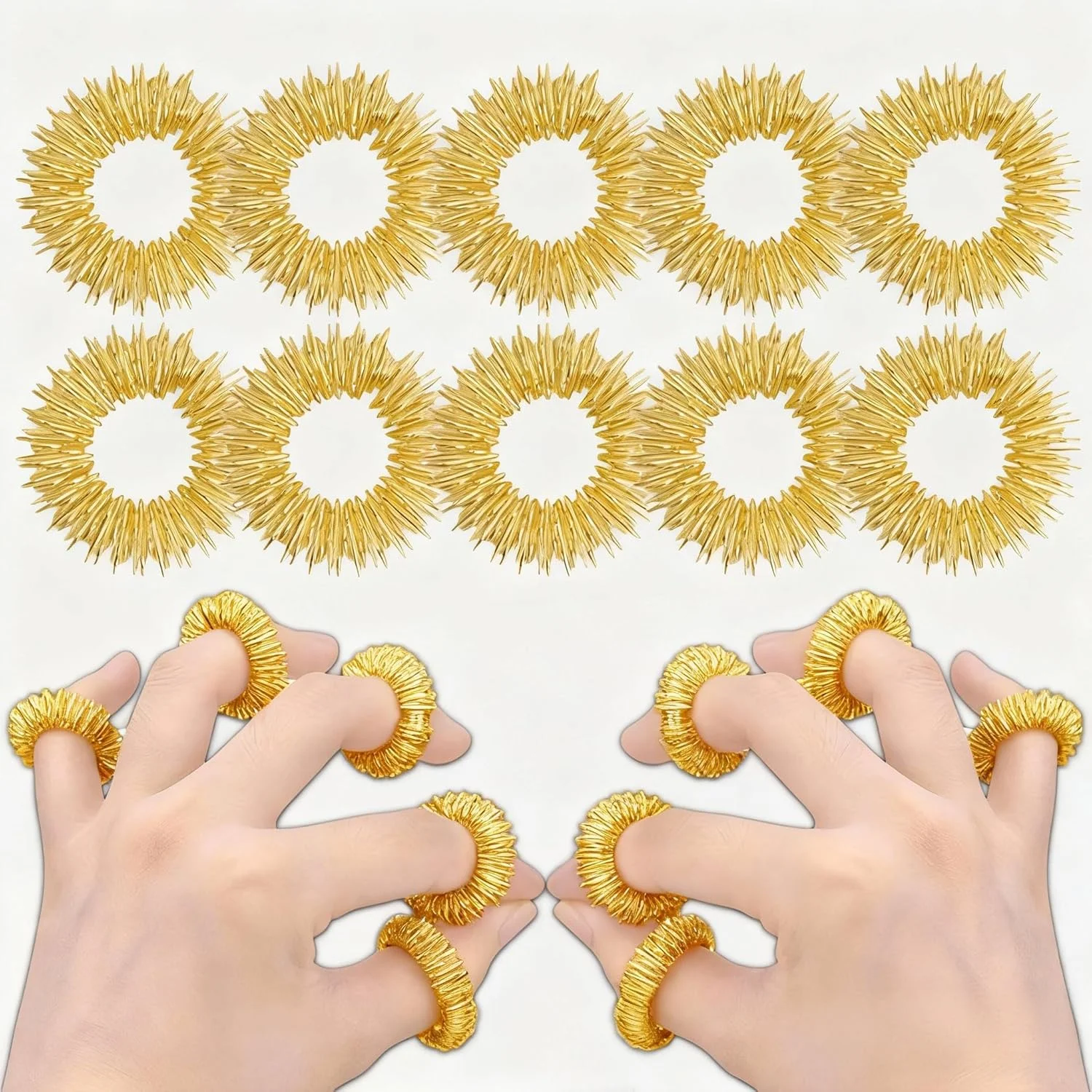 10 عدد ماساژور انگشتی فنری کوچک، حلقه ماساژ انگشتی فلزی برای ریلکسیشن سریع دست، ابزار رفع فشار استرس مناسب خانه و محل کار (طلایی، 2.5 سانتی متر)