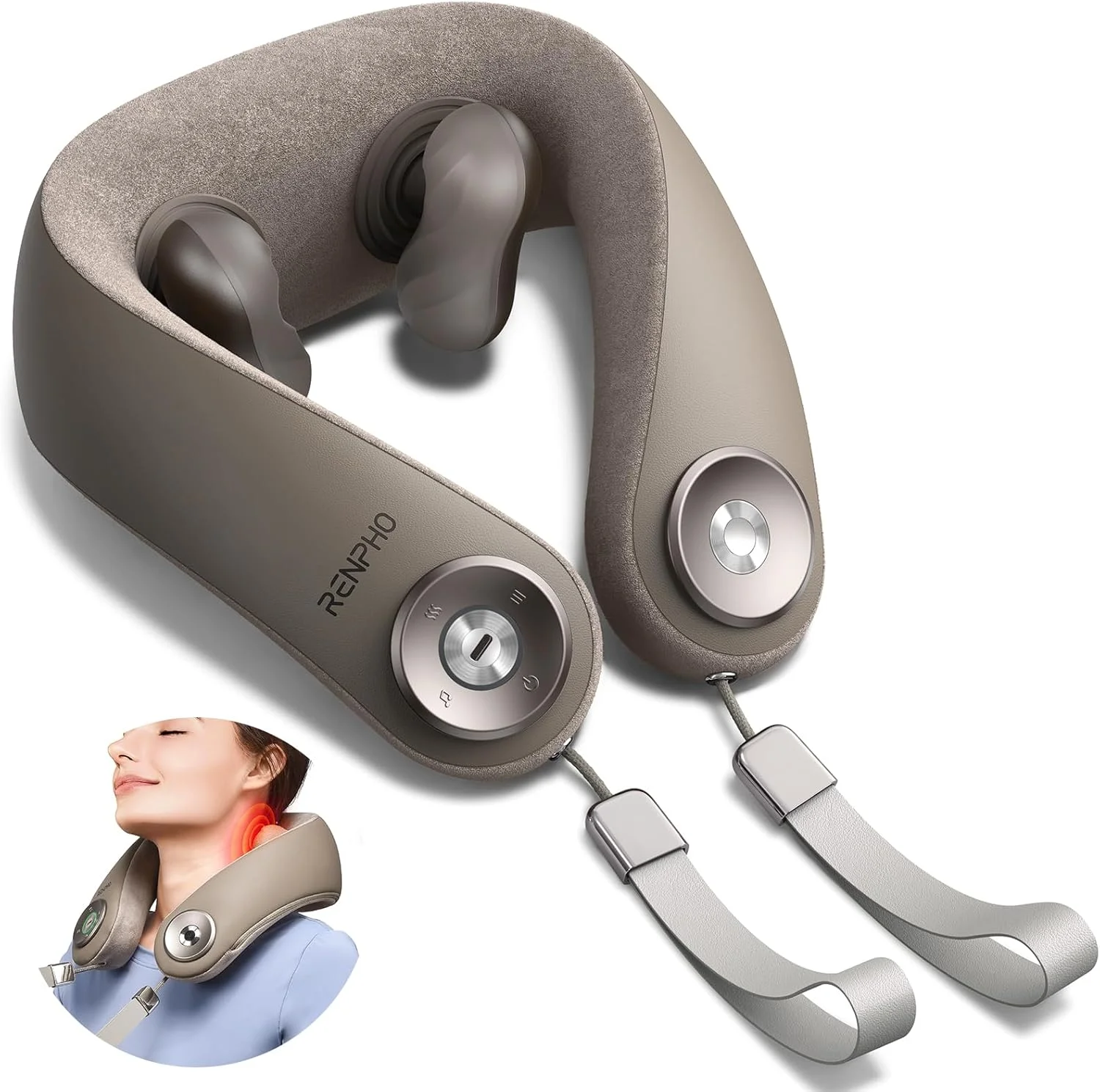 ماساژور گردن حرارتی رنفرو [به روز شده 2025]، ماساژور بی سیم 6 بعدی گردن برای تسکین درد بافت عمیق، ماساژ عمیق ورزشی شانه، هدیه روز مادر برای زنان مردان مادر پدر، خاکی