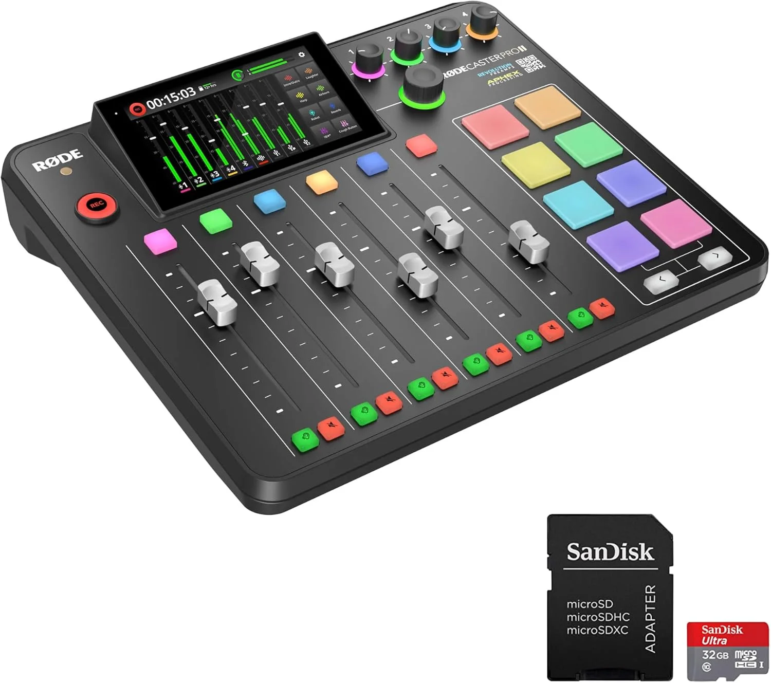 کنسول استودیویی تولید صدا یکپارچه Rode RODECaster Pro 2 به همراه کارت حافظه microSD با ظرفیت 32 گیگابایت و پارچه StreamEye