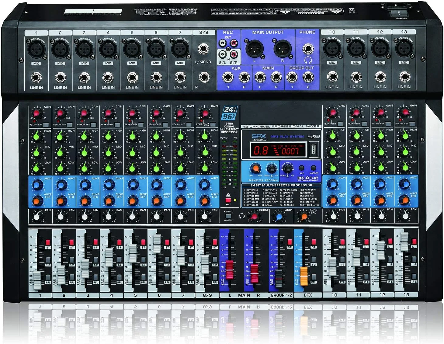 میکسر صوتی استودیویی بلوتوثی 12 کاناله Boytone BT-120MX - کنترلر صدای DJ، پخش کننده MP3 USB، ضبط کامپیوتر، 96 کیلوهرتز، 11 جک میکروفون، فانتوم پاور 48 ولت، افکت دیجیتال چندگانه 24 بیتی، شاسی فلزی