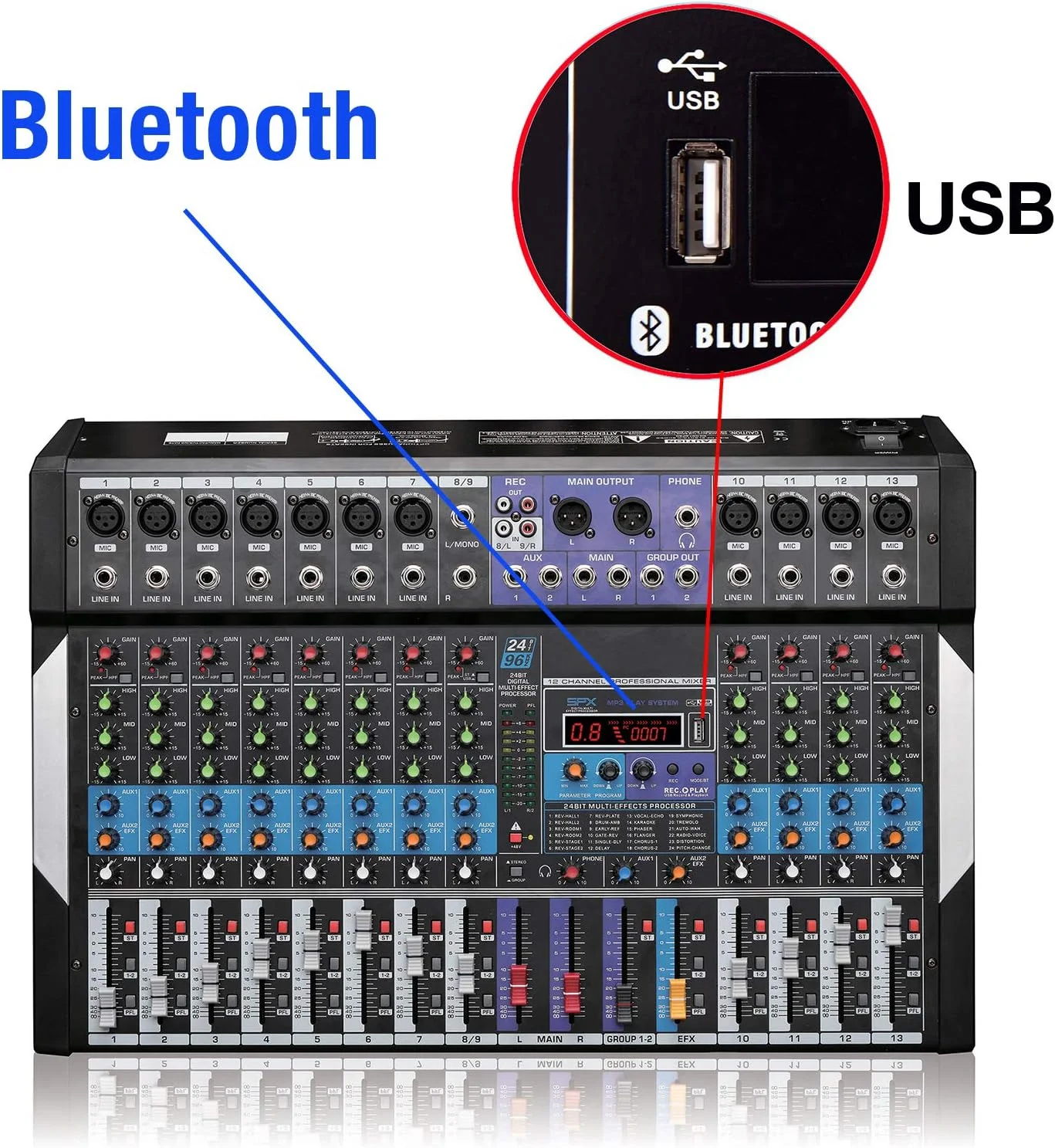 میکسر صوتی استودیویی بلوتوثی 12 کاناله Boytone BT-120MX - کنترلر صدای DJ، پخش کننده MP3 USB، ضبط کامپیوتر، 96 کیلوهرتز، 11 جک میکروفون، فانتوم پاور 48 ولت، افکت دیجیتال چندگانه 24 بیتی، شاسی فلزی - تصویر 2 میکسر صوتی استودیویی بلوتوثی 12 کاناله Boytone BT-120MX - کنترلر صدای DJ، پخش کننده MP3 USB، ضبط کامپیوتر، 96 کیلوهرتز، 11 جک میکروفون، فانتوم پاور 48 ولت، افکت دیجیتال چندگانه 24 بیتی، شاسی فلزی - تصویر 2