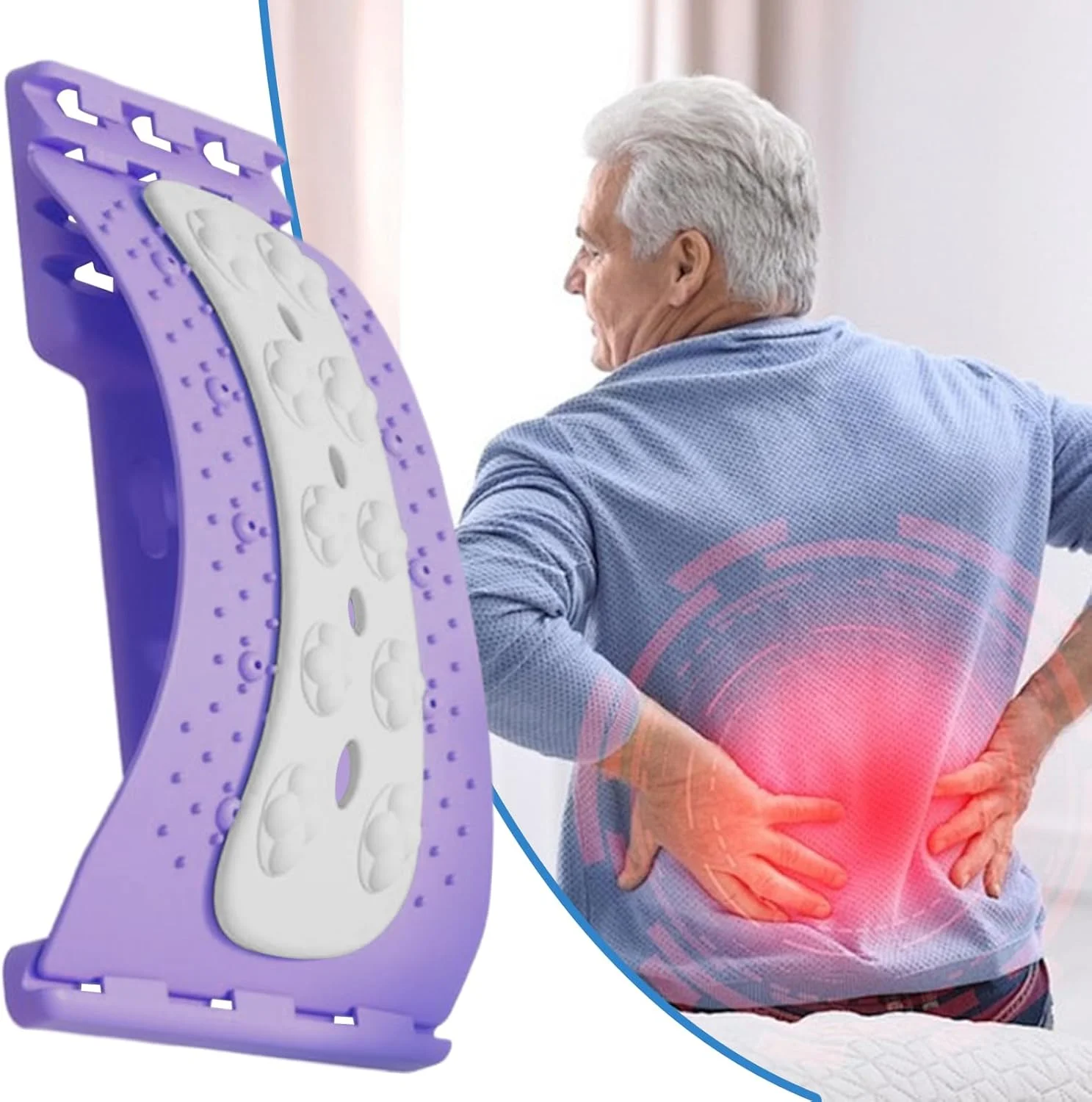 تخته کمری، ماساژور کششی با سطح قابل تنظیم، پشتیبانی کمری برای کشش کمر، برای تسکین ناراحتی، ریلکسیشن عضلات، ریکاوری، مناسب برای استفاده در دفتر، مسافرت، مدرسه، بعد از تمرین، آقایان، بانوان و سالمندان