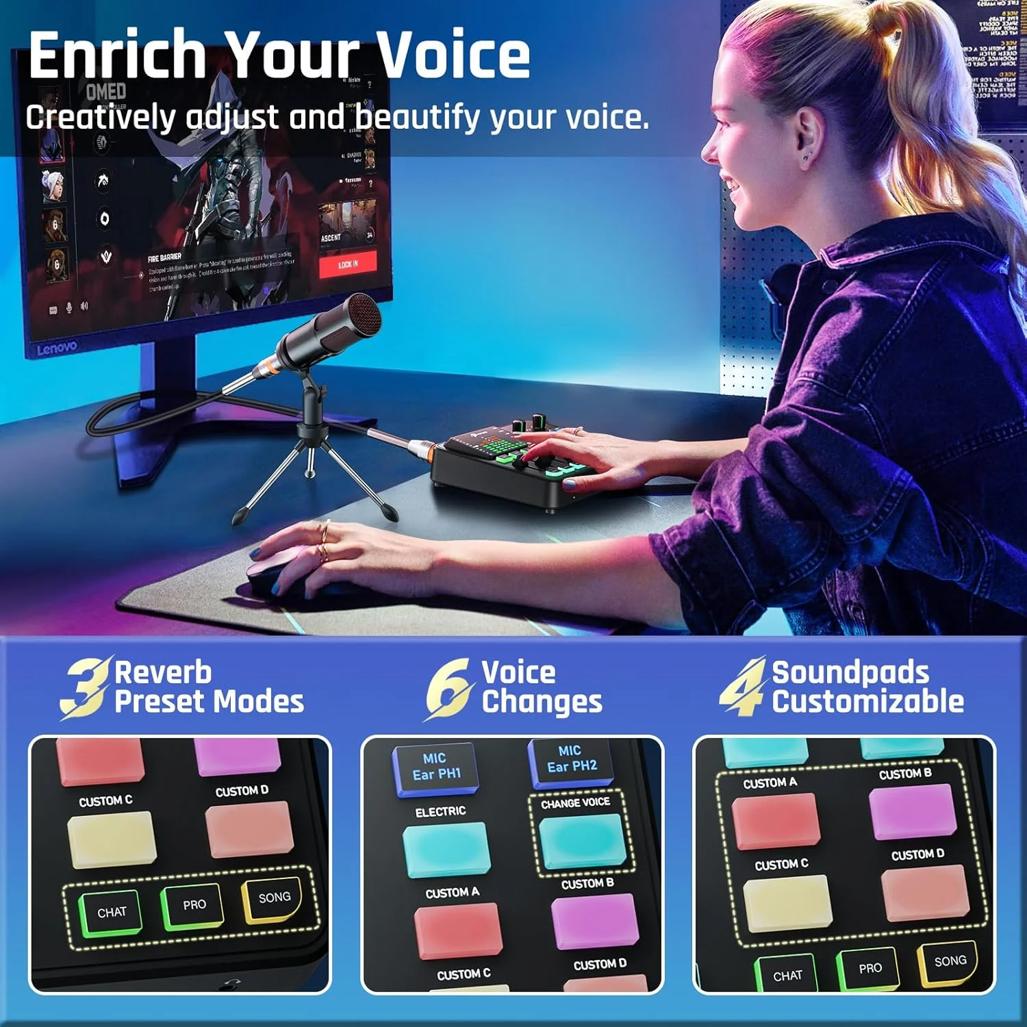 میکسر صوتی گیمینگ، کارت صدا با پری امپ حرفه ای، RGB، بلوتوث، فانتوم پاور 48 ولت برای پخش زنده، پادکست و تولید محتوا