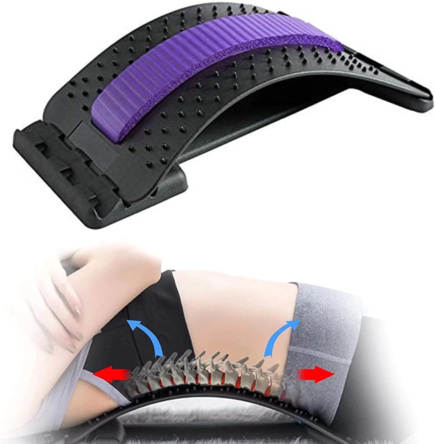 کشش دهنده کمر - کشش دهنده کمر با قابلیت تنظیم در 3 ارتفاع برای تسکین درد، کشش دهنده کمر با نقاط ماساژ و فوم بالشتکی، مناسب برای صندلی اداری، خودرو و مسافرت (بنفش)