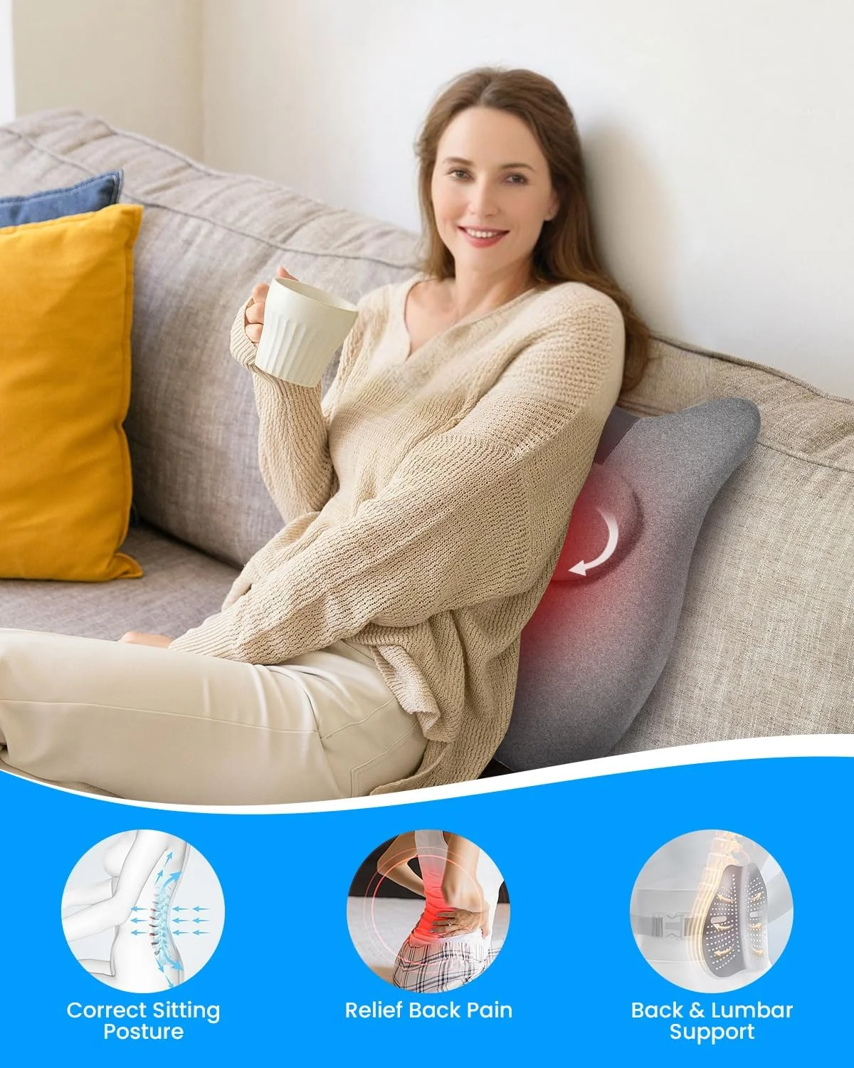 بالشتک کمری کامفیر، ماساژور شانه فوم حافظه دار ارگونومیک، ماساژور شیاتسو کمر با گرما، ماساژور گرمایشی گرافن کمر برای صندلی اداری