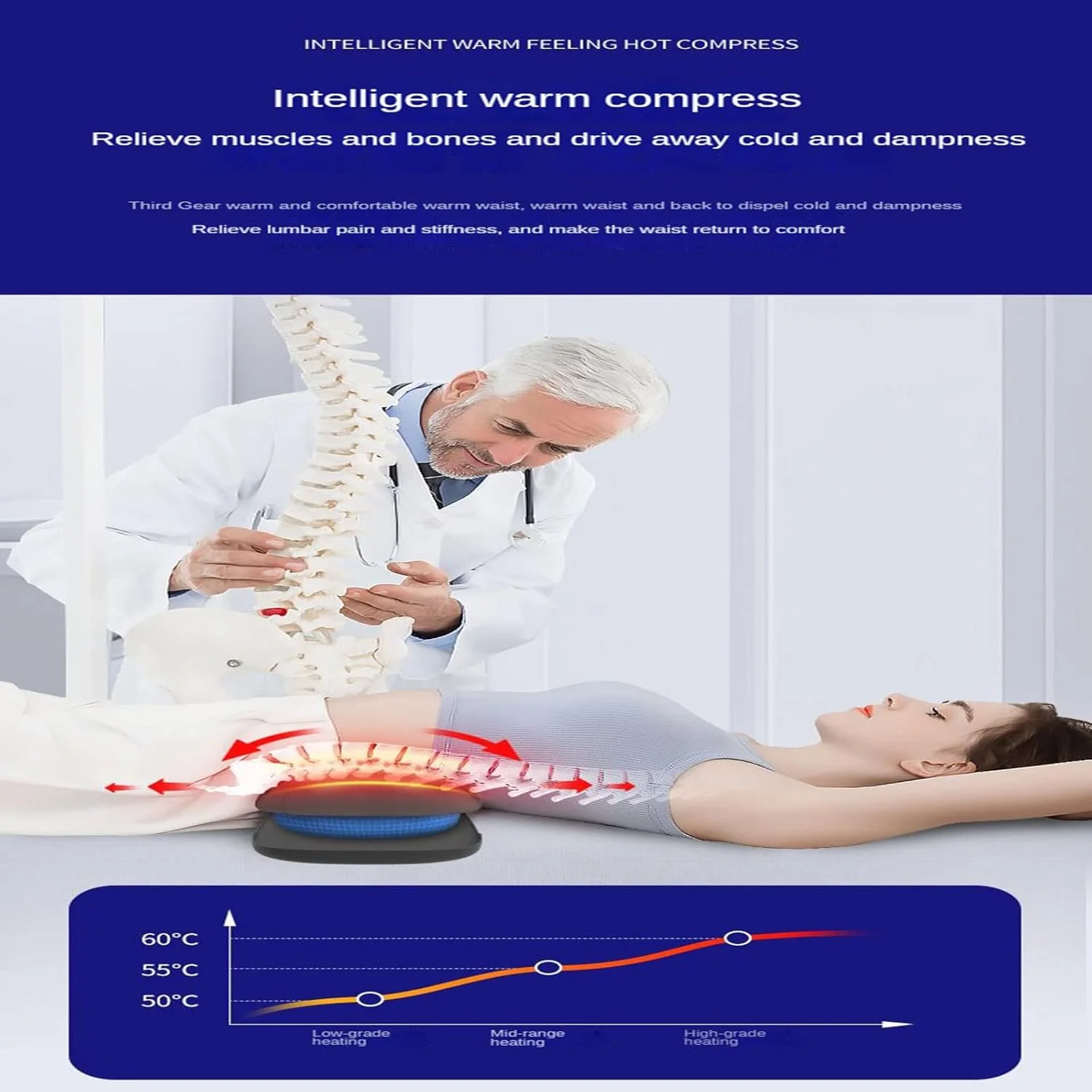 ماساژور کمری QBREZA، ابزار کشش کمری، بالش کمری نور قرمز، کمپرس گرم، زمان‌بندی خودکار، بالش ماساژ کمری پالس