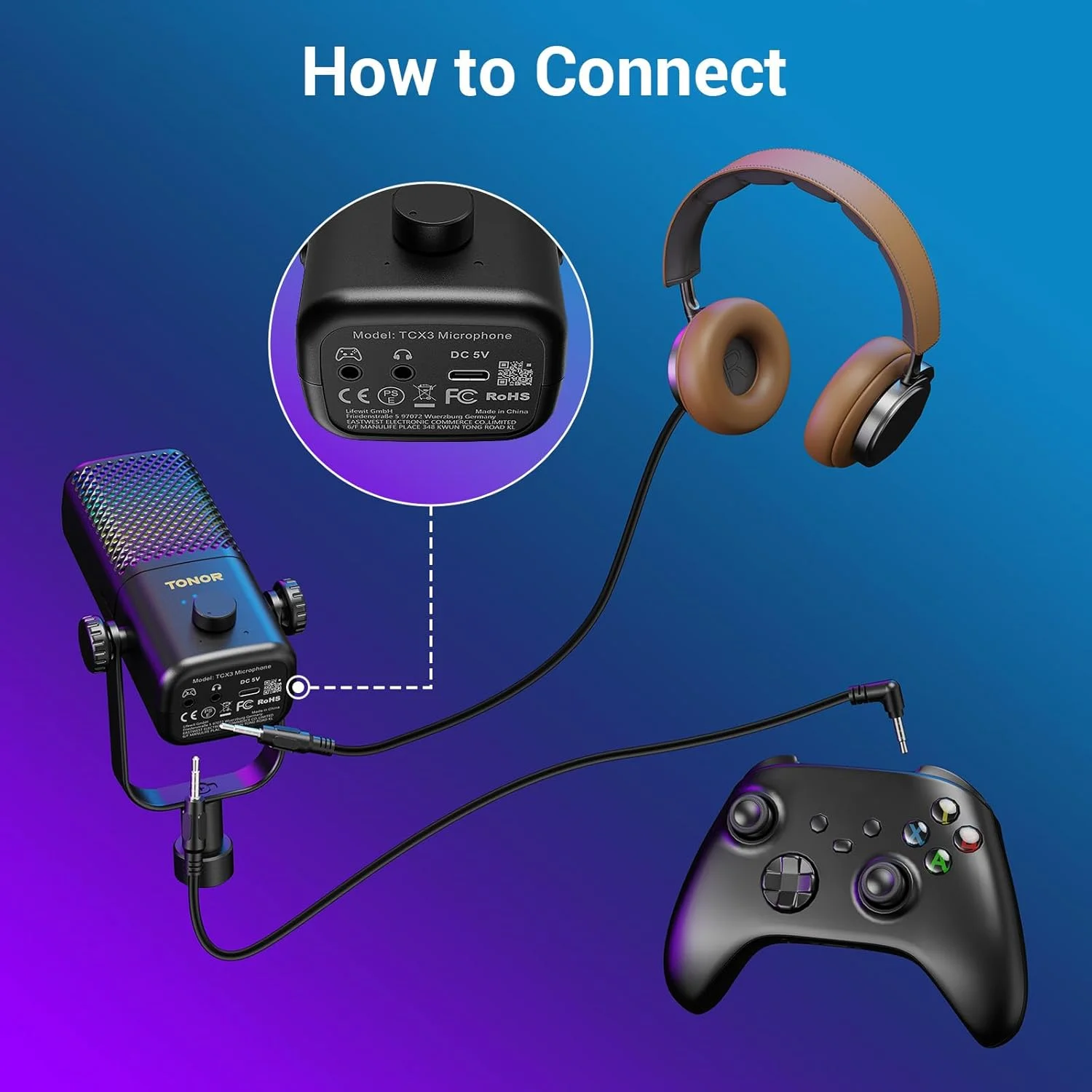 میکروفون گیمینگ TONOR TCX3+ سازگار با Xbox، میکروفون استریم RGB با بازوی بوم، عمر باتری 30 ساعته، نویز کم، مانیتورینگ، کنترل گین، قطع صدای تک لمسی، شارژ سریع، سازگار با کارت کپچر، مشکی