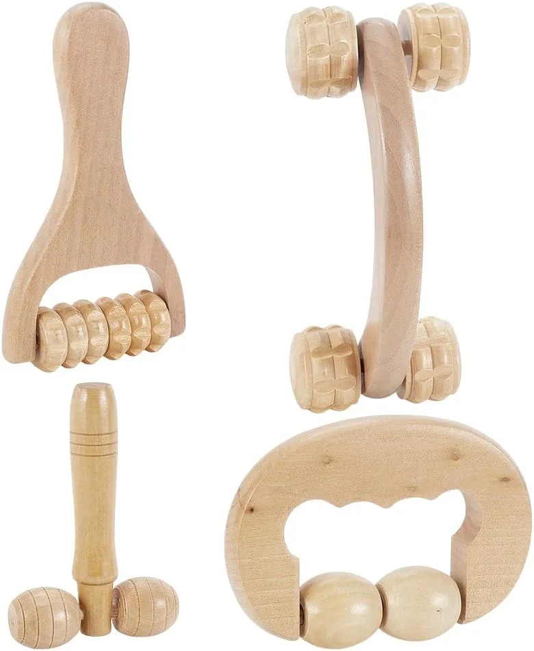 مجموعه ابزار ماساژ چوبی AHANDMAKER، 4 تکه، 4 مدل مختلف، شامل ابزار گوا شا چوبی، غلطک ماساژ T شکل، ابزار ماساژ نقطه ماشه ای درمانی برای بدن، صورت، شانه، بازو، پا، و کف پا، رنگ سفید بادامی