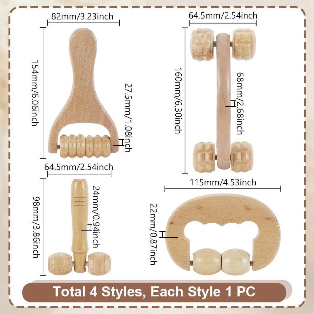 مجموعه ابزار ماساژ چوبی AHANDMAKER، 4 تکه، 4 مدل مختلف، شامل ابزار گوا شا چوبی، غلطک ماساژ T شکل، ابزار ماساژ نقطه ماشه ای درمانی برای بدن، صورت، شانه، بازو، پا، و کف پا، رنگ سفید بادامی