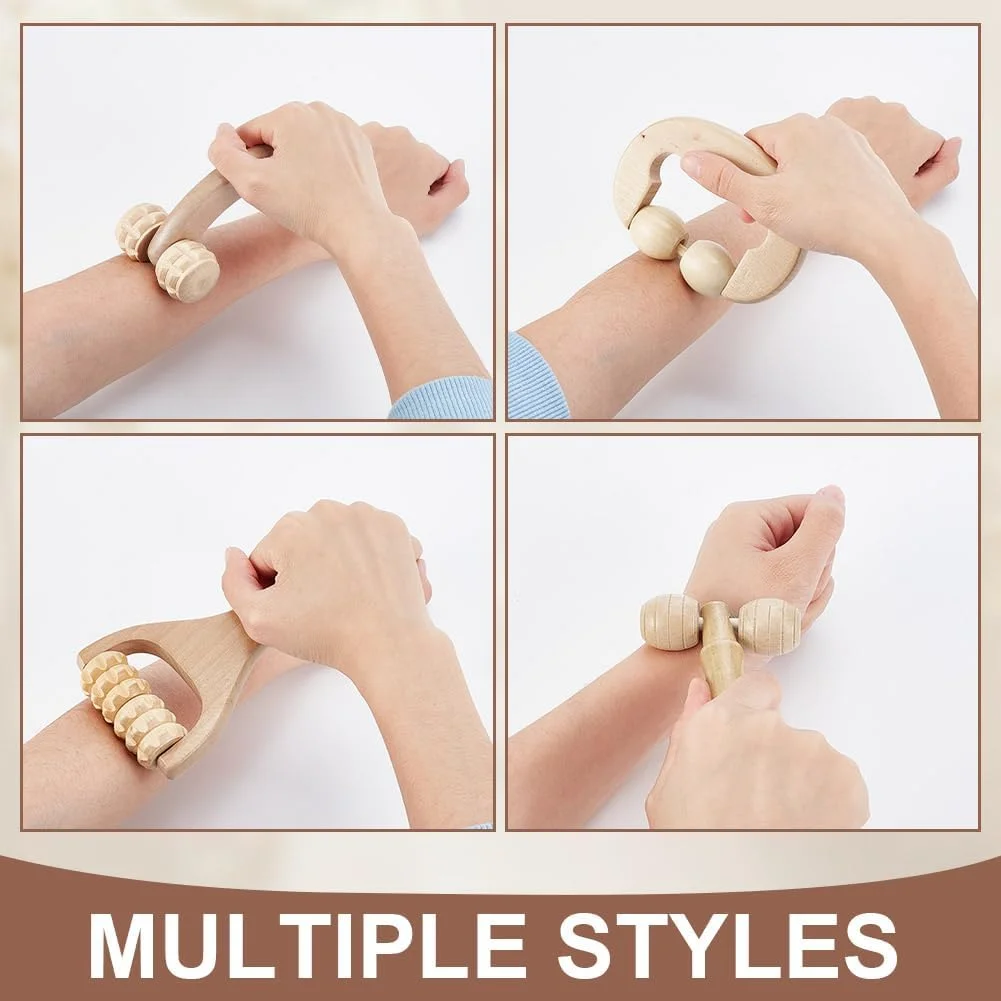 مجموعه ابزار ماساژ چوبی AHANDMAKER، 4 تکه، 4 مدل مختلف، شامل ابزار گوا شا چوبی، غلطک ماساژ T شکل، ابزار ماساژ نقطه ماشه ای درمانی برای بدن، صورت، شانه، بازو، پا، و کف پا، رنگ سفید بادامی