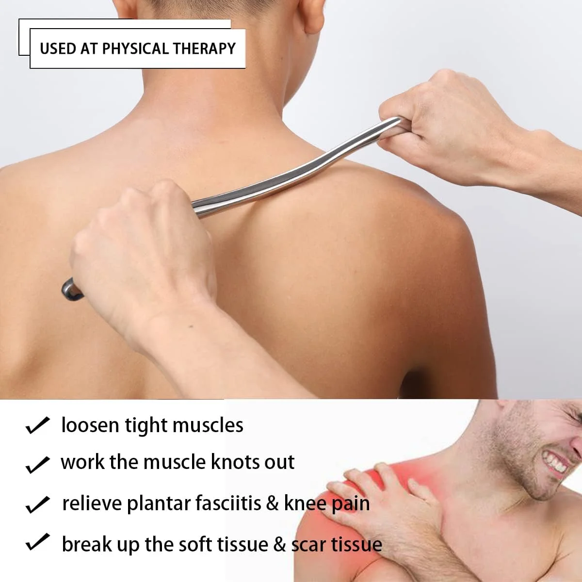 ابزار ماساژ گوا شا، ابزار IASTM، ابزار میله ای بلند برای عضلات بزرگ، ابزار عالی برای بسیج بافت نرم، طول 34 سانتی متر (C)