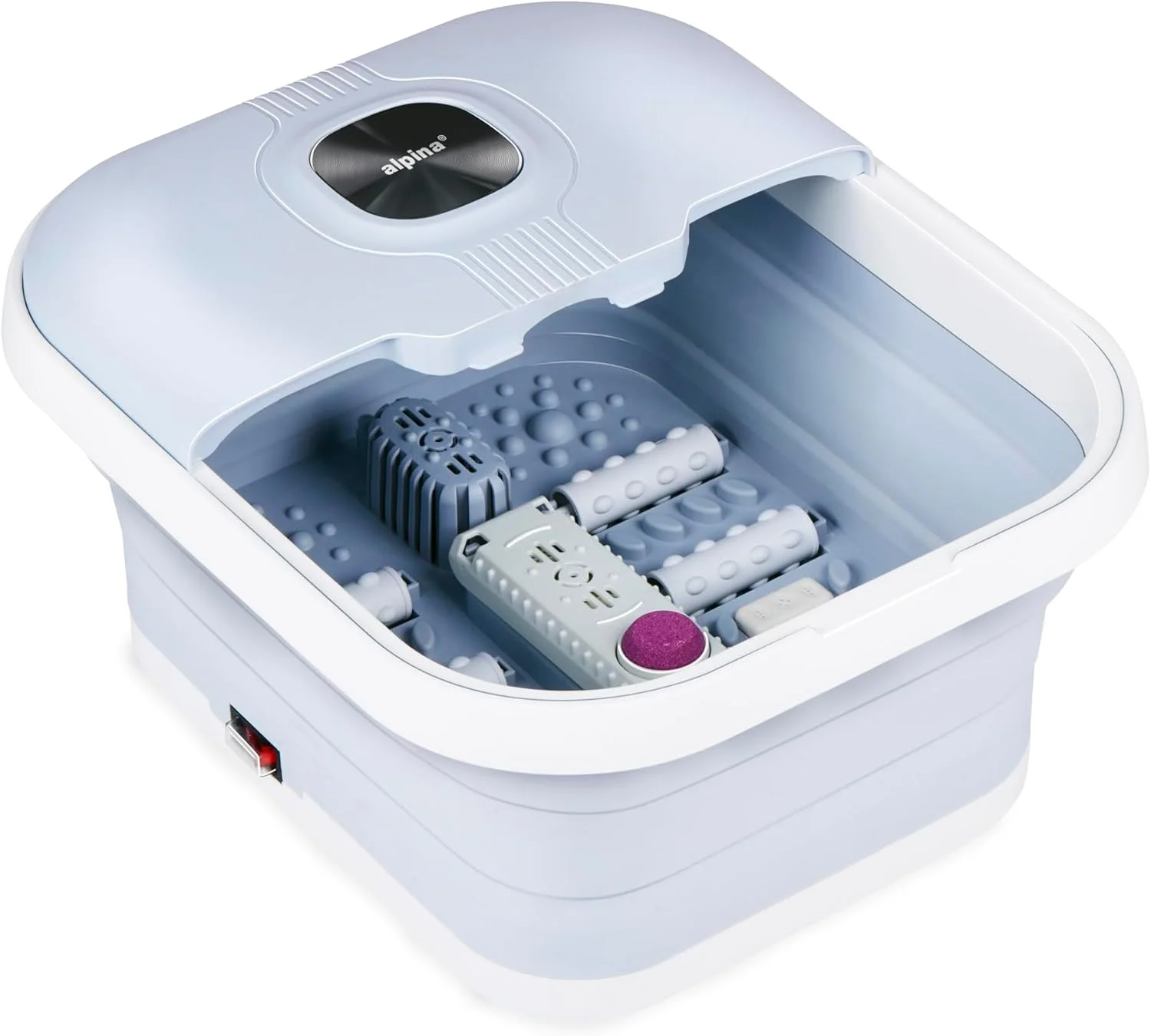 آلپینا ماساژور پا 8 لیتری 500 وات - حمام پای تاشو گرمایشی با حباب - غلطک های ماساژ و سنگ پا - ریلکسیشن پا در خانه - آبی روشن