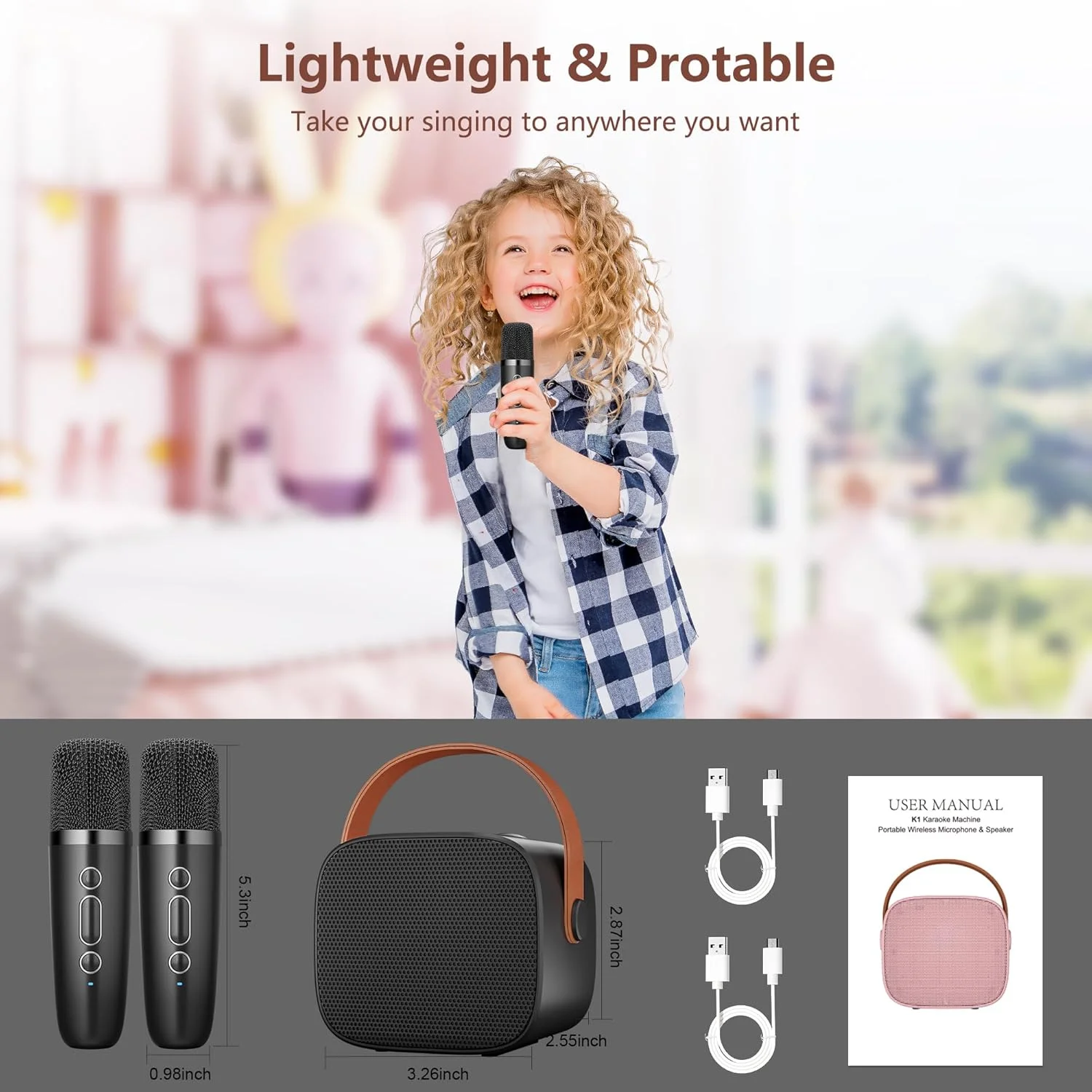 اسباب بازی میکروفون کارائوکه BONAOK با 2 میکروفون، دستگاه کارائوکه بلوتوث برای کودکان و بزرگسالان، پخش کننده کارائوکه قابل حمل، میکروفون برای شارژ، اسباب بازی الکترونیکی کودکان (مشکی)