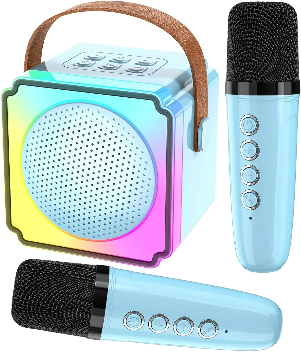 دستگاه کارائوکه کودکان با 2 میکروفون، سیستم کارائوکه بلوتوثی کوچک قابل حمل با جلوه های تغییر صدا، چراغ های LED برای هدیه، 3-18 سال، پسران، دختران، اسباب بازی، آبی