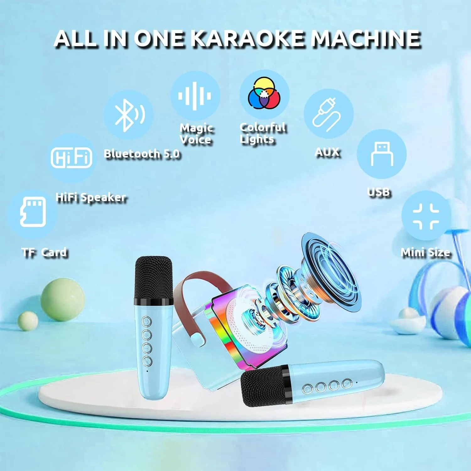 دستگاه کارائوکه کودکان با 2 میکروفون، سیستم کارائوکه بلوتوثی کوچک قابل حمل با جلوه های تغییر صدا، چراغ های LED برای هدیه، 3-18 سال، پسران، دختران، اسباب بازی، آبی
