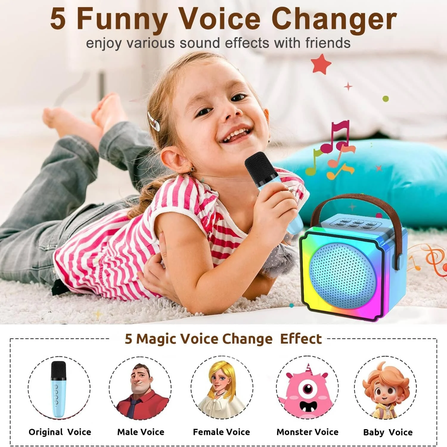 دستگاه کارائوکه کودکان با 2 میکروفون، سیستم کارائوکه بلوتوثی کوچک قابل حمل با جلوه های تغییر صدا، چراغ های LED برای هدیه، 3-18 سال، پسران، دختران، اسباب بازی، آبی