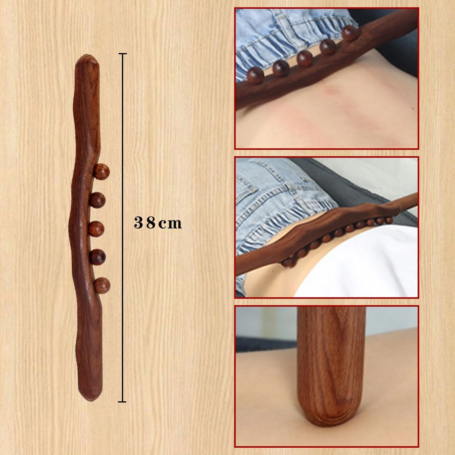 ماساژور غلتکی چوبی، چوب خراشنده چوبی گوا شا، ابزار ماساژ با 5 نقطه ماساژ، طراحی مقعر و محدب برای سالن، ریلکسیشن عضلات و فرم دهی بدن، 38 سانتی متر