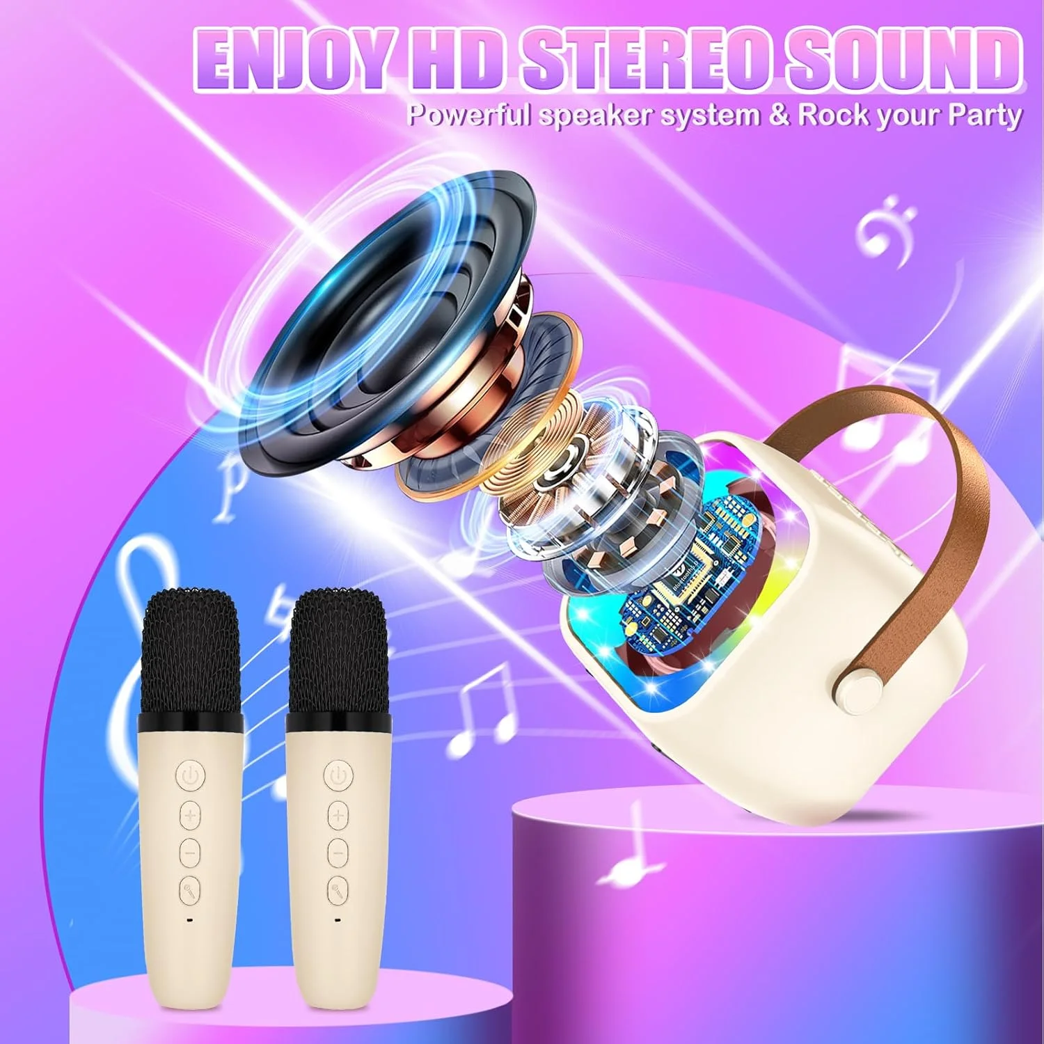 دستگاه کارائوکه با 2 میکروفون بی سیم، اسباب بازی الکترونیکی کارائوکه بلوتوث قابل حمل کودکانه با جلوه های نور LED، هدیه برای کودکان 3-18 ساله، پسران، دختران