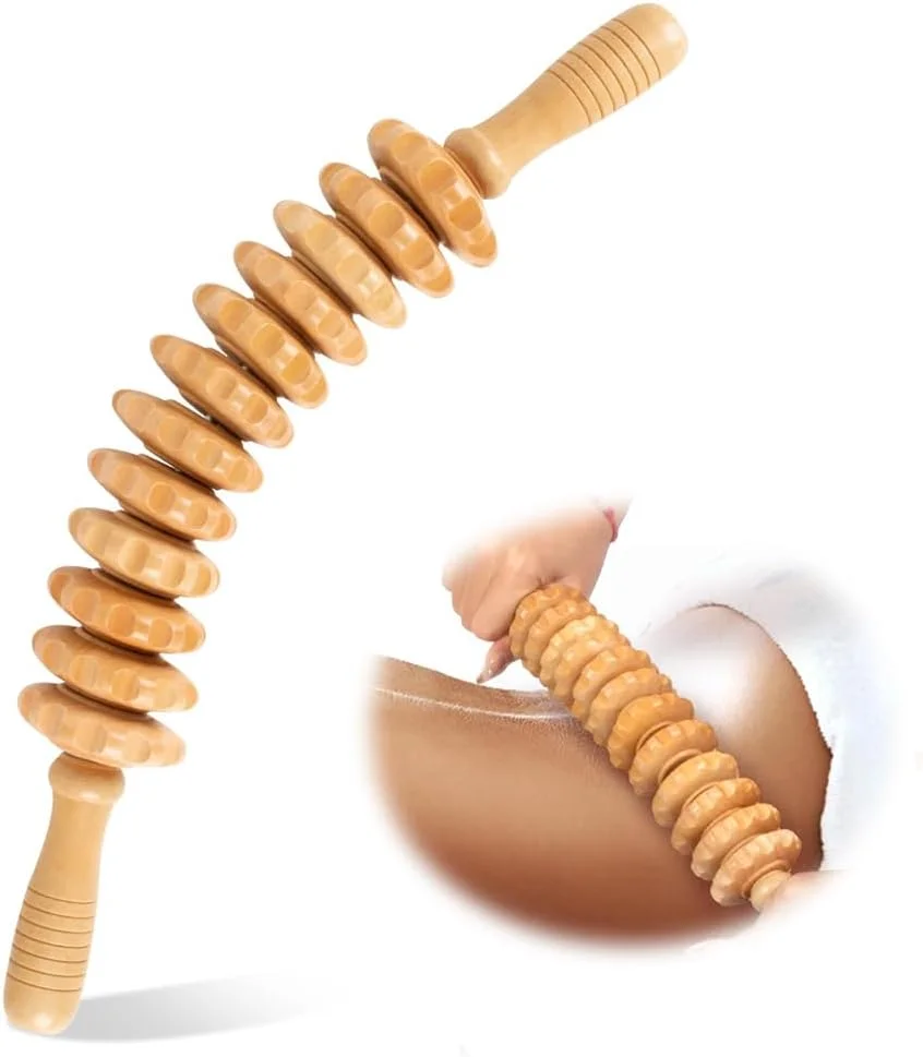 ابزار ماساژ چوبی آزونه، استیک ماساژور چوبی 12 غلطکی، ماساژور لنفاوی 16.8 اینچی برای تنش عضلانی، فرم دهی و کانتورینگ بدن