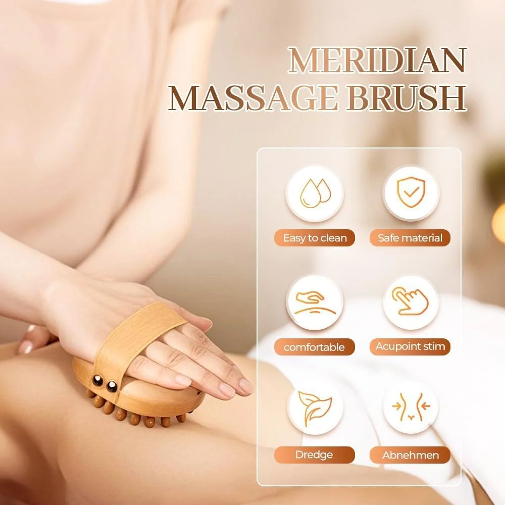 برس ماساژ چوبی مریدین BIGTHREE، ماساژور 2 در 1 بدن و پوست سر برای تسکین درد، گوا شا و مراقبت از سلولیت، ابزار اسپا روغن ضروری چوب طبیعی برای خانه، آرامش در سفر و هدیه تعطیلات (2 عدد)