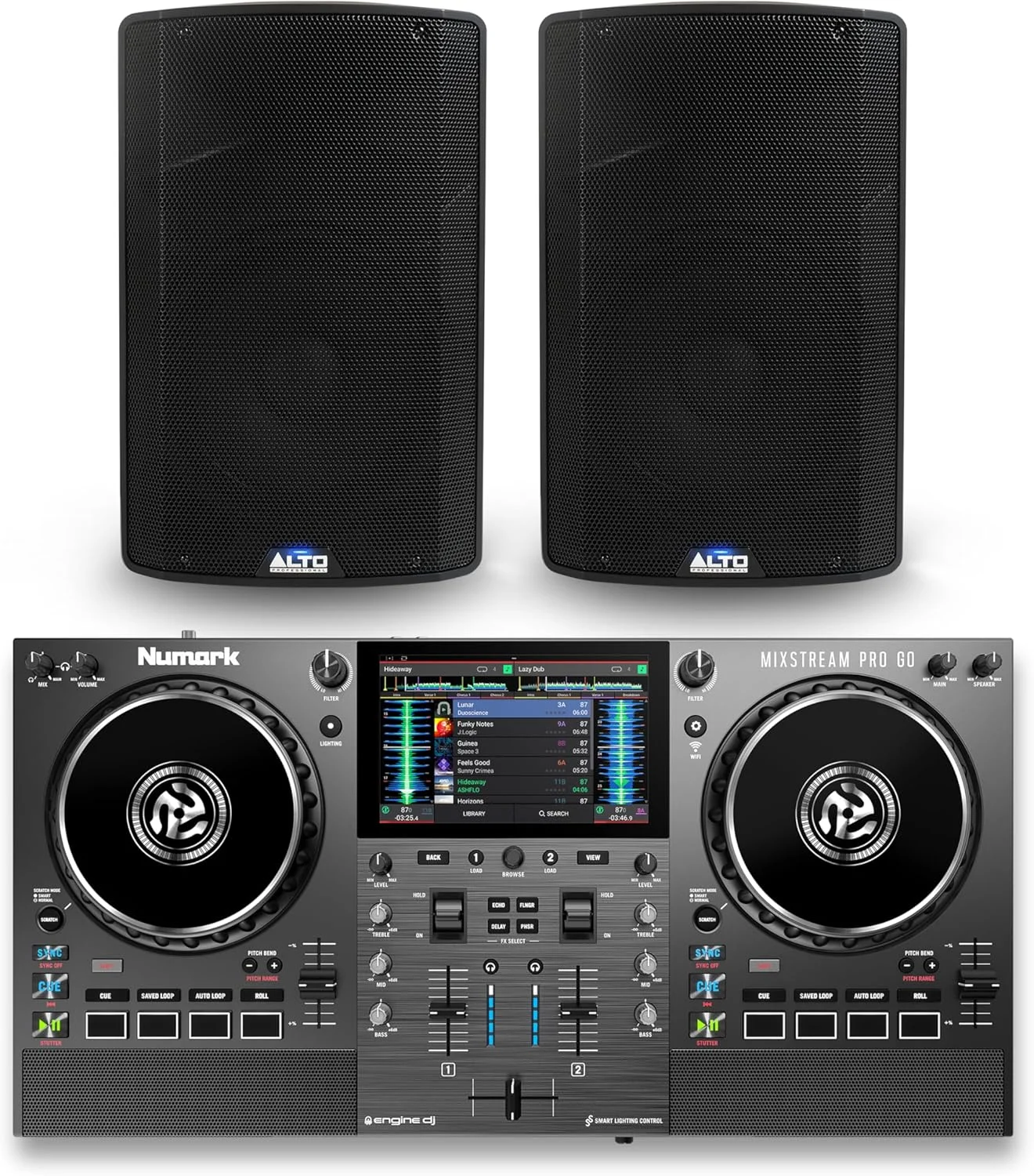 کنترلر دی‌جی نومارک Mixstream Pro Go و جفت اسپیکر PA اکتیو ALTO TX412 برای اجرای زنده موسیقی، دی‌جی ست، رویدادها و تولید موسیقی