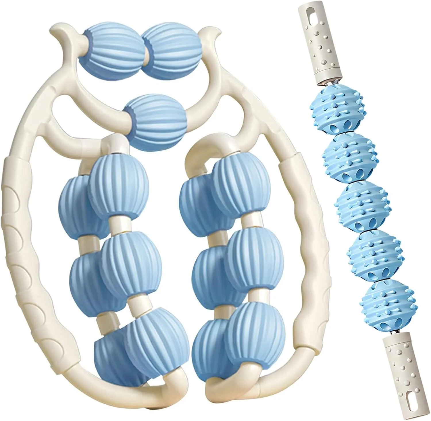 ماساژور غلتکی پا - ماساژور عضلات ساق پا و ران، غلتک حلقه ای پا، غلتک ماساژور سلولیت پا، ماساژور غلتکی قابل حمل پا برای ماساژ پا، بازو (سفید + آبی)