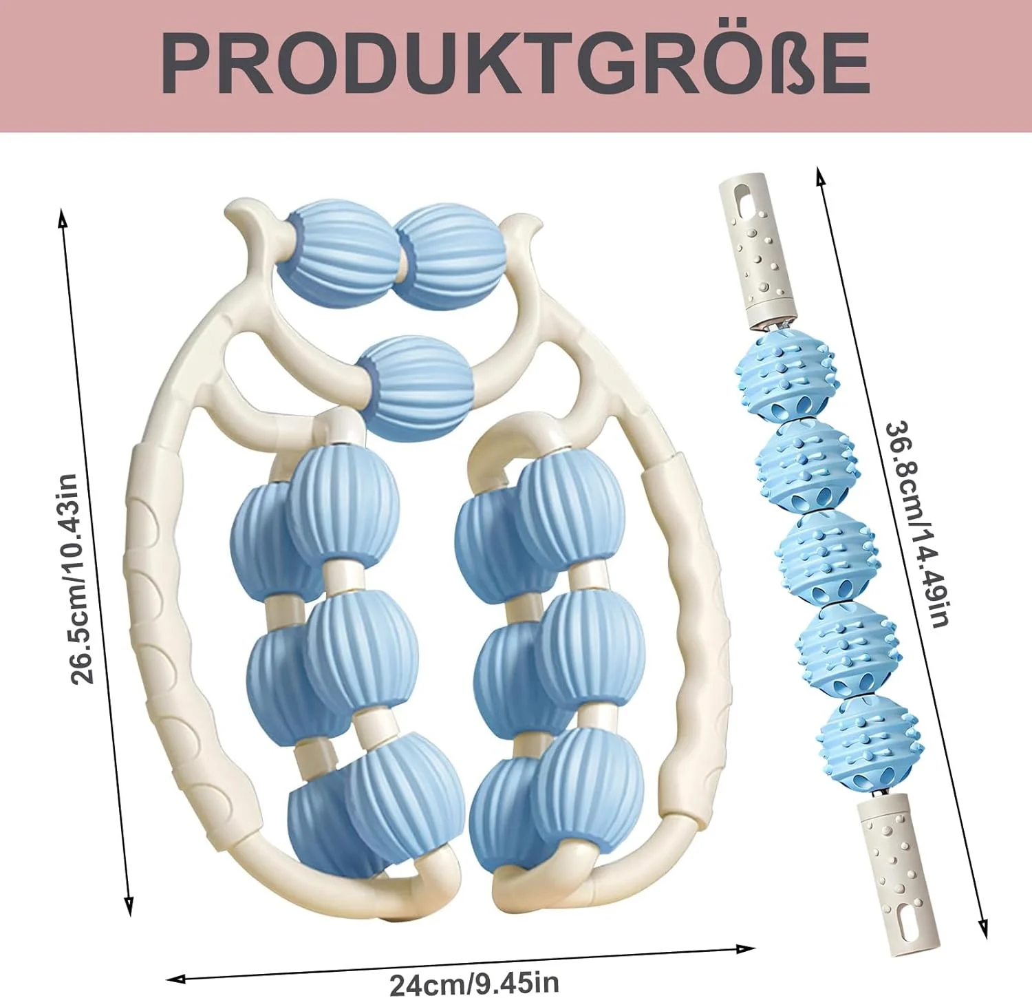 ماساژور غلتکی پا - ماساژور عضلات ساق پا و ران، غلتک حلقه ای پا، غلتک ماساژور سلولیت پا، ماساژور غلتکی قابل حمل پا برای ماساژ پا، بازو (سفید + آبی)