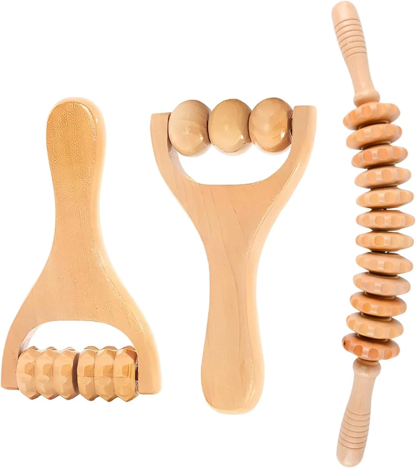 ست غلتک ماساژ چوبی، مجموعه 3 عددی، ماساژ کمر، میله فاشیا با دسته، ماساژور دستی برای تخلیه لنفاوی و آرامش عضلات کمر، پا، دست و کل بدن