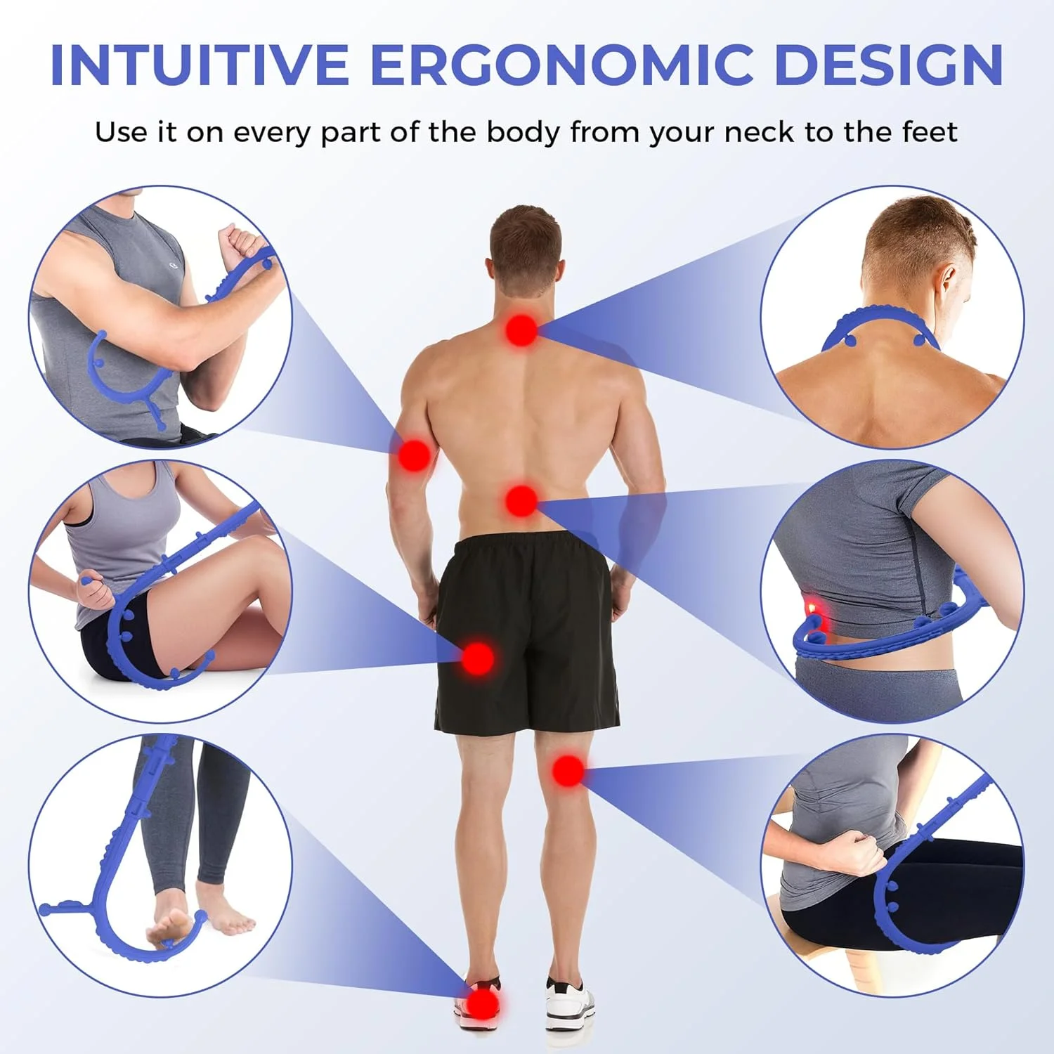 چوب ماساژ، عصای ماساژور دستی نقطه ماشه ای برای کمر و گردن، ابزار خودماساژ بافت عمیق برای گره های عضلانی و رهاسازی میوفاشیال، برای تسکین درد و ریکاوری عضلات، آبی