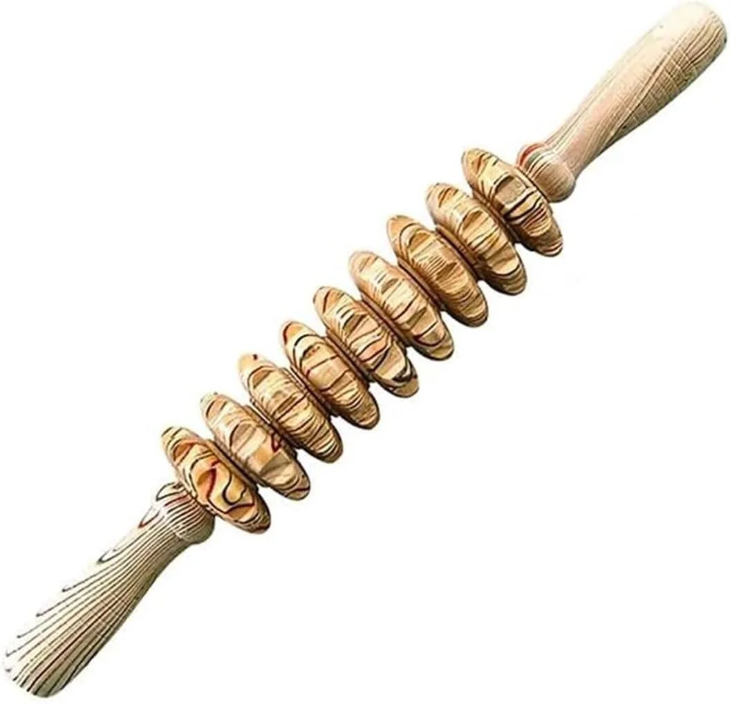 غلتک ماساژ چوبی دستی، ابزار نقطه ماشه ای، طراحی 9 غلتکی، تسکین درد عضلانی، ریکاوری بدن، ماساژ درمانی، طرح دار