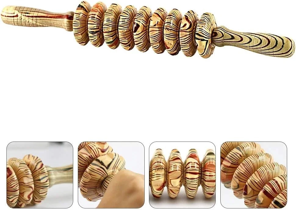 غلتک ماساژ چوبی دستی، ابزار نقطه ماشه ای، طراحی 9 غلتکی، تسکین درد عضلانی، ریکاوری بدن، ماساژ درمانی، طرح دار