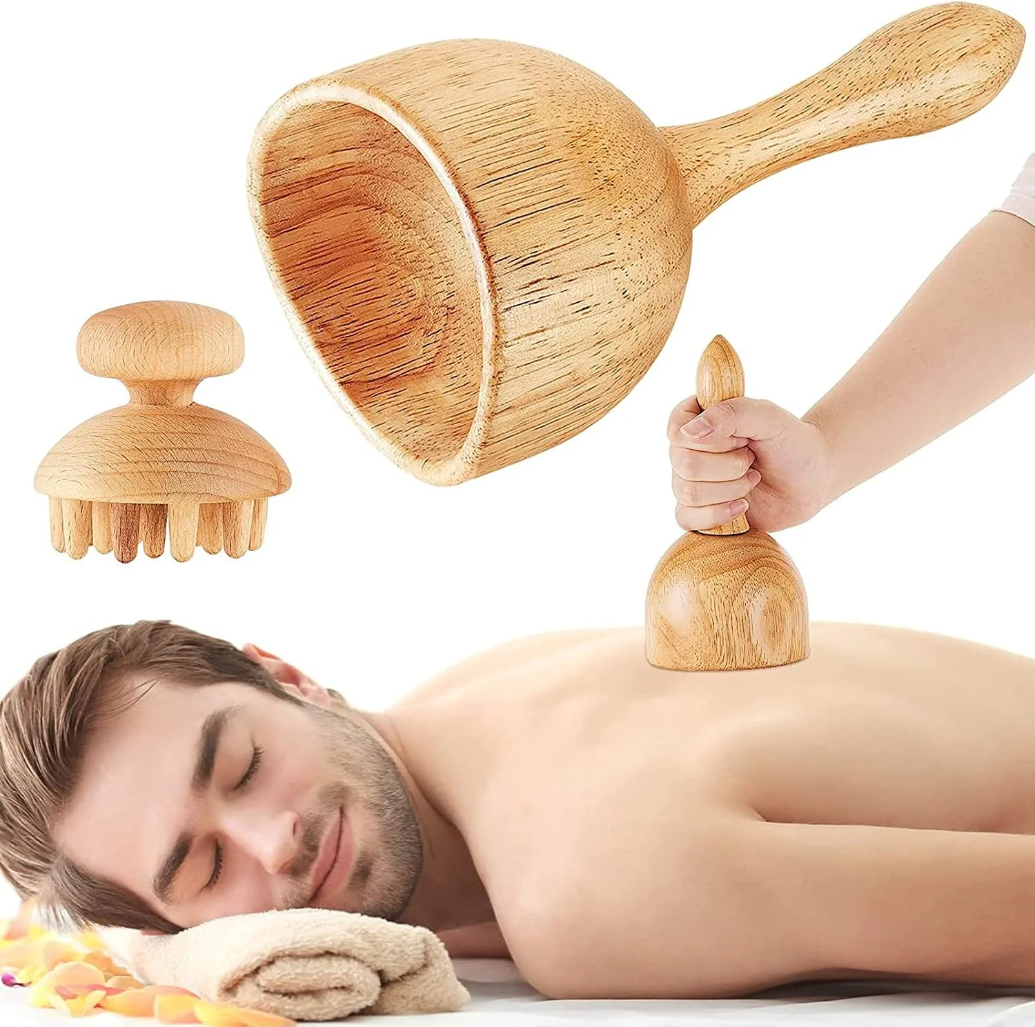 ابزار ماساژ چوبی KASTWAVE شامل فنجان ماساژ دستی چوبی و چوب قارچی، ست کاپینگ تراپی سلولیت، ابزار ماساژ تراپی برای تسکین تنش عضلانی کل بدن و فرم دهی بدن