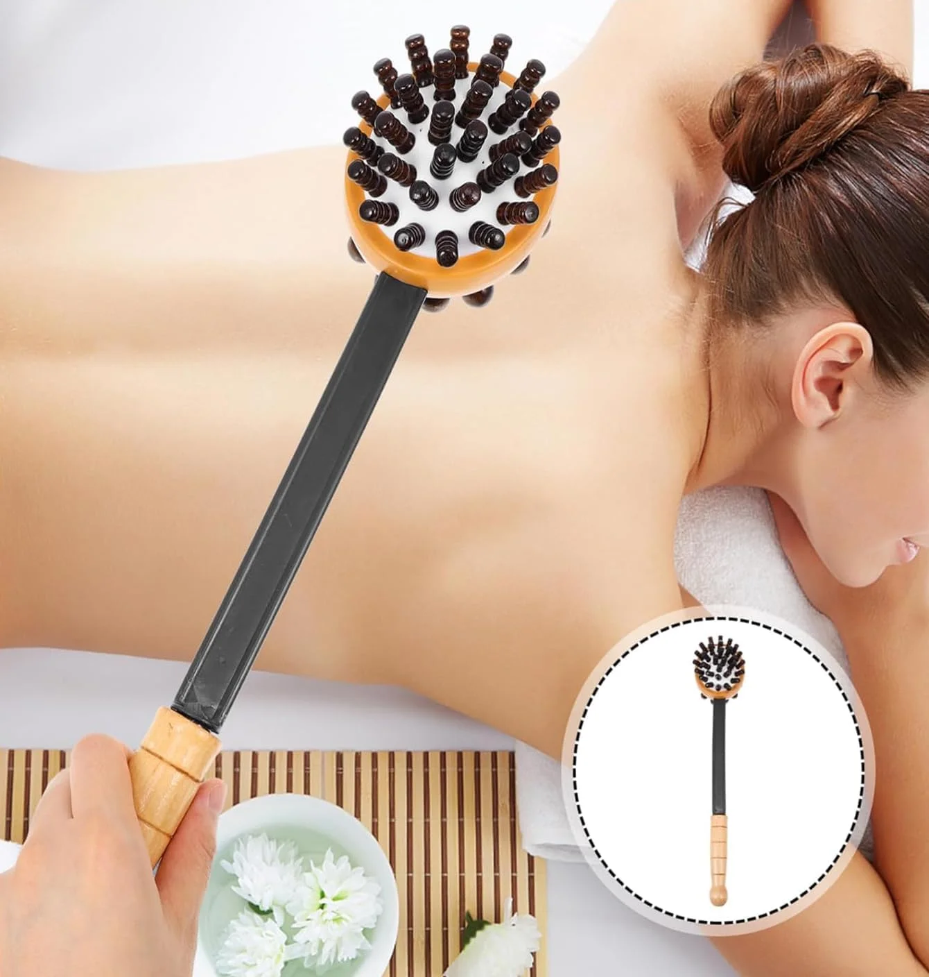 ماساژور چوبی قابل تنظیم برای کمر و بدن با توپک غلطکی و چکش دو منظوره برای ماساژ ضربه ای شانه، گردن و پا، تسکین درد، مناسب برای استفاده در خانه/محل کار