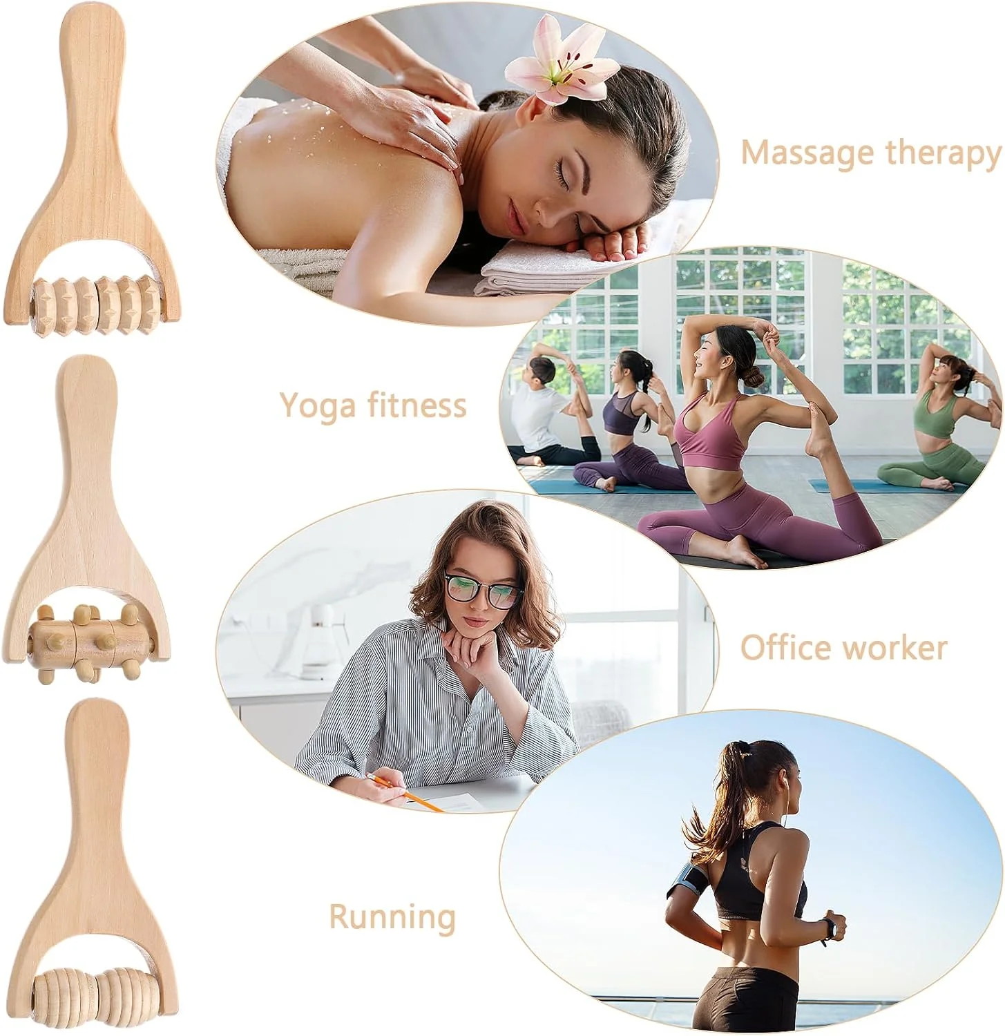 مجموعه ۳ عددی ابزار ماساژ چوبی Abeillo، غلتک های ماساژ چوبی، ابزار ماساژ دستی، استیک غلتکی عضلات پشت برای ریلکس کردن ران، پا، دست، کل بدن، عضلات مردان و زنان