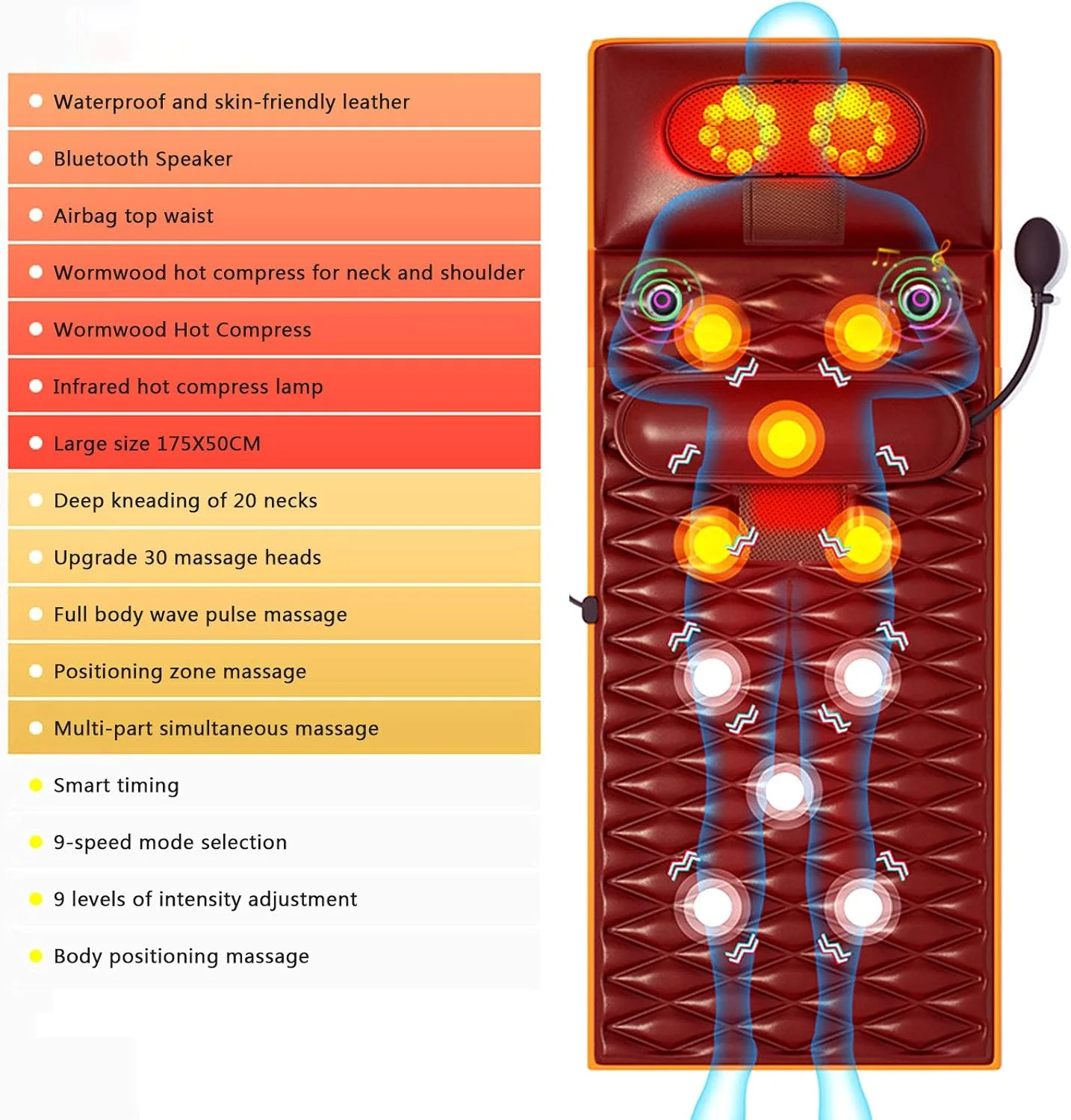 تشک ماساژ، ماساژور کمر، تشک ماساژ گرمایشی با 9 حالت ویبره و عملکردهای همگام سازی، لذت بردن از ماساژ گردن، تسکین درد کمر، ماساژور کل بدن، ریلکسیشن عضلات ساق پا