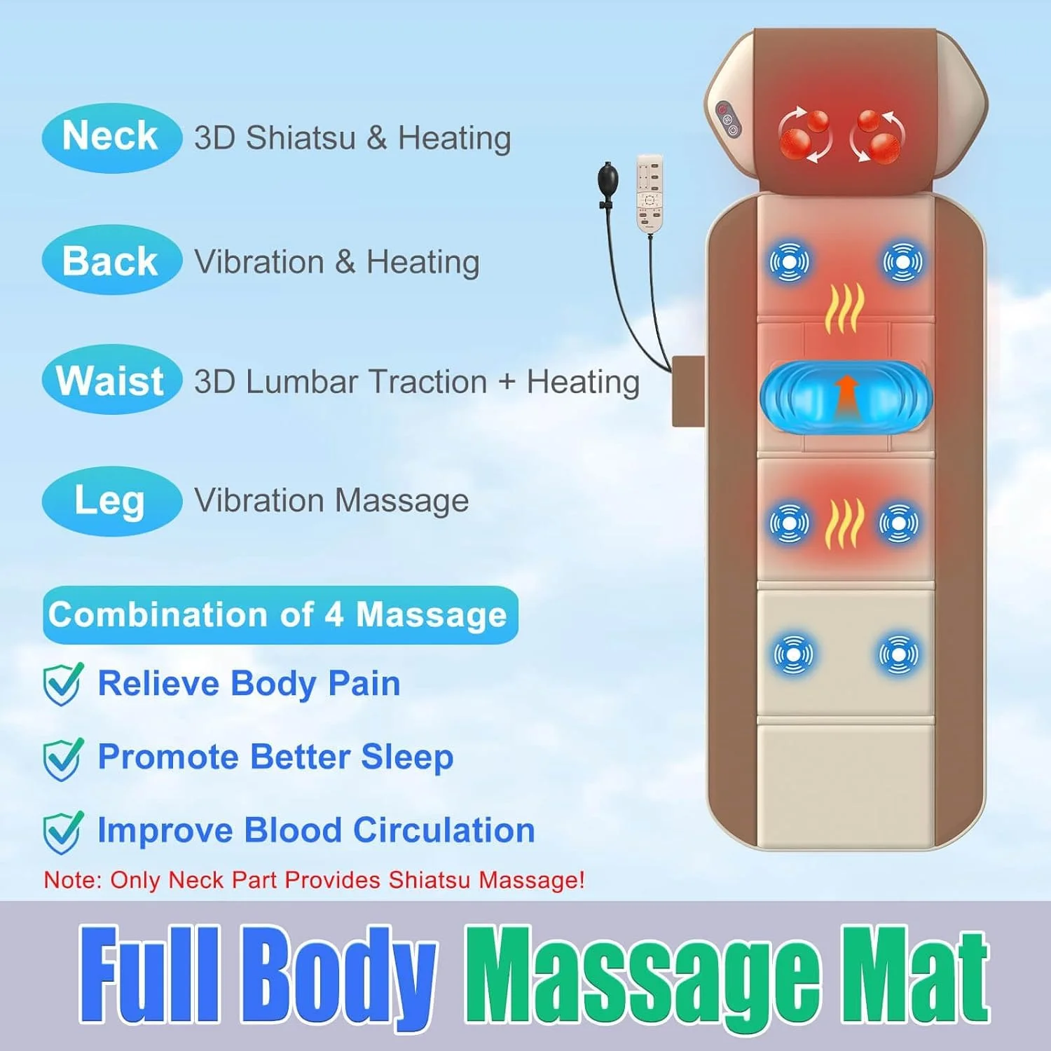 تشک ماساژ شیاتسو کل بدن با گرما، ماساژور گردن شیاتسو متحرک، کشش و آرامش سه بعدی کمر، 6 موتور ویبره، برای رفع استرس، کمر قابل تنظیم برای تناسب قد 152 تا 188 سانتی متر، تاشو و قابل حمل