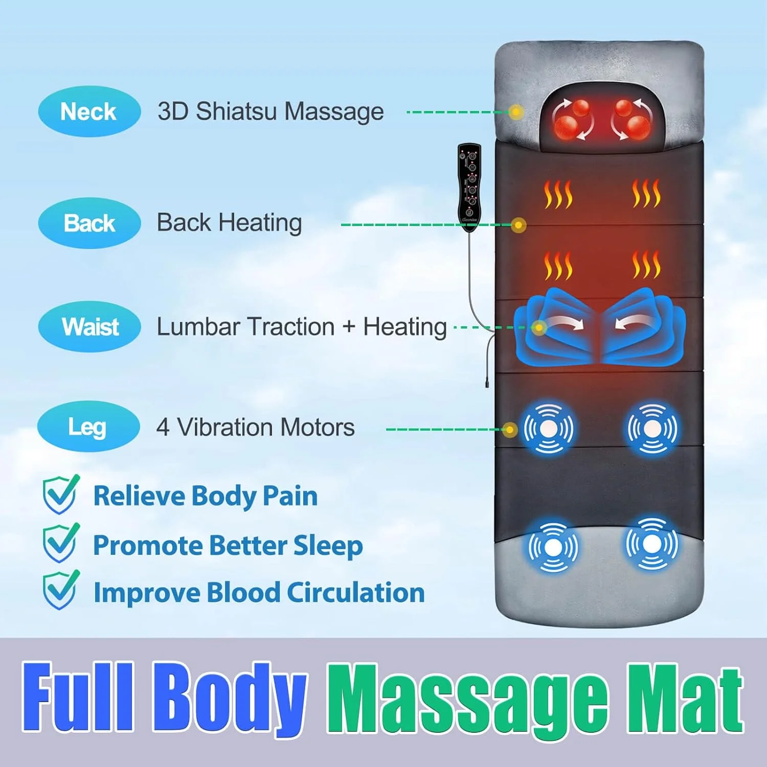 تشک ماساژ کل بدن با ماساژور گردن شیاتسو، کشش سه بعدی کمر و ریلکسیشن، گرمایش پشت، 4 موتور ویبره، ماساژور کل بدن برای گردن، پشت، کمر، باسن و پا، کمک به تسکین درد بدن و گردش خون