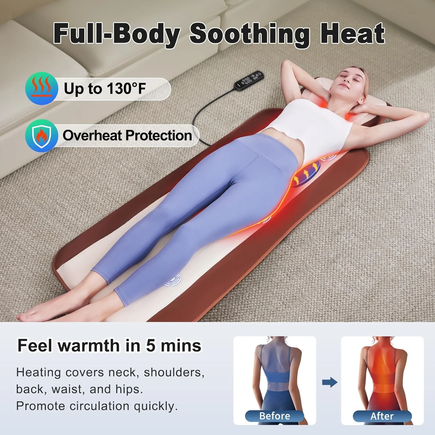 تشک ماساژ تمام بدن، با ماساژور گردن شیاتسو متحرک، کشش سه بعدی کمر و ریلکسیشن، گرمایش کمر برای تسکین، 6 موتور ویبره، بدون محدودیت وزن، مناسب برای قد 152 تا 188 سانتی متر، طراحی قابل حمل و تاشو