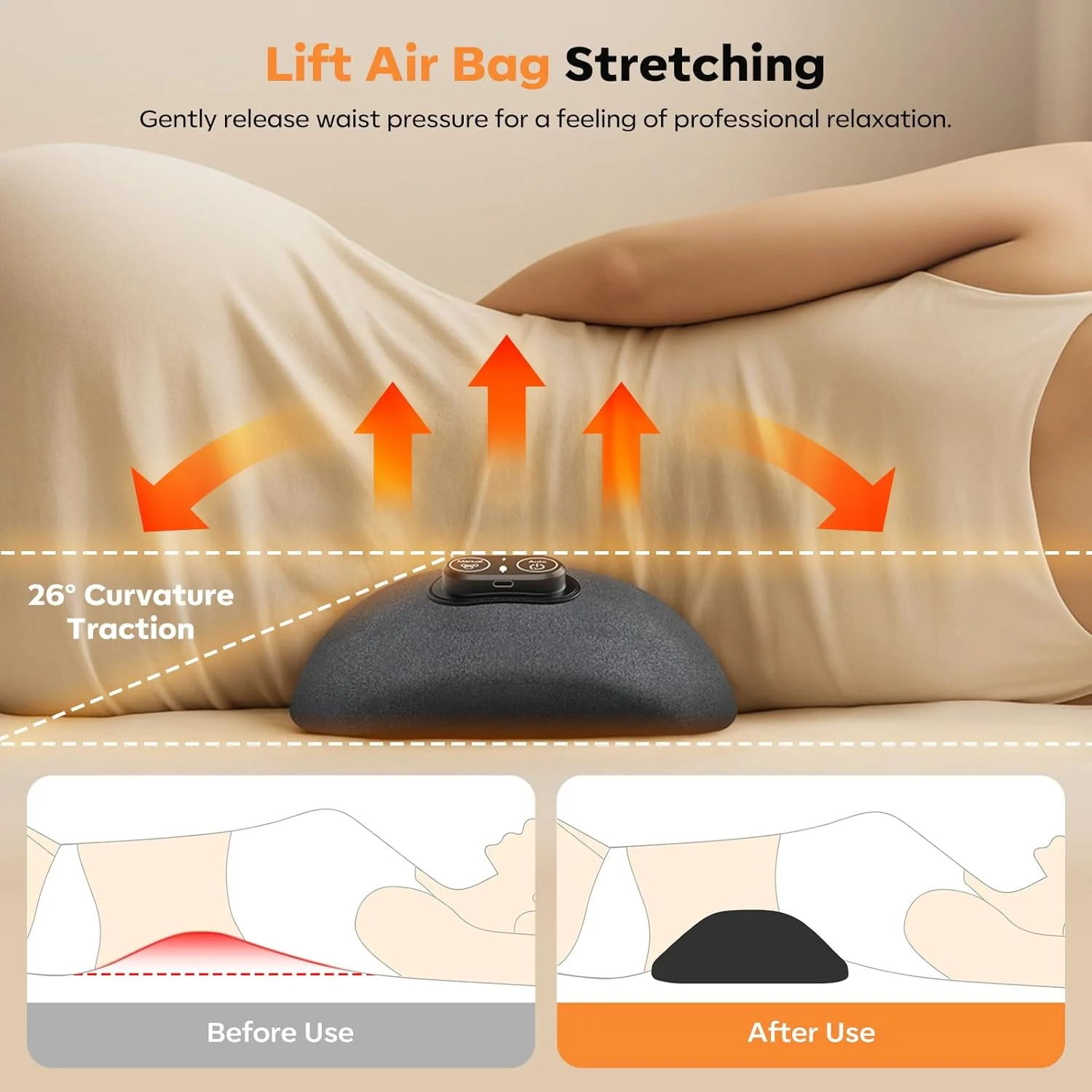 بالش ماساژور کمر سه کاره با گرما، ویبره و کشش - دستگاه ریلکسیشن با قابلیت تنظیم برای تسکین درد، مناسب خانه، محل کار و ماشین - ایده آل برای هدیه