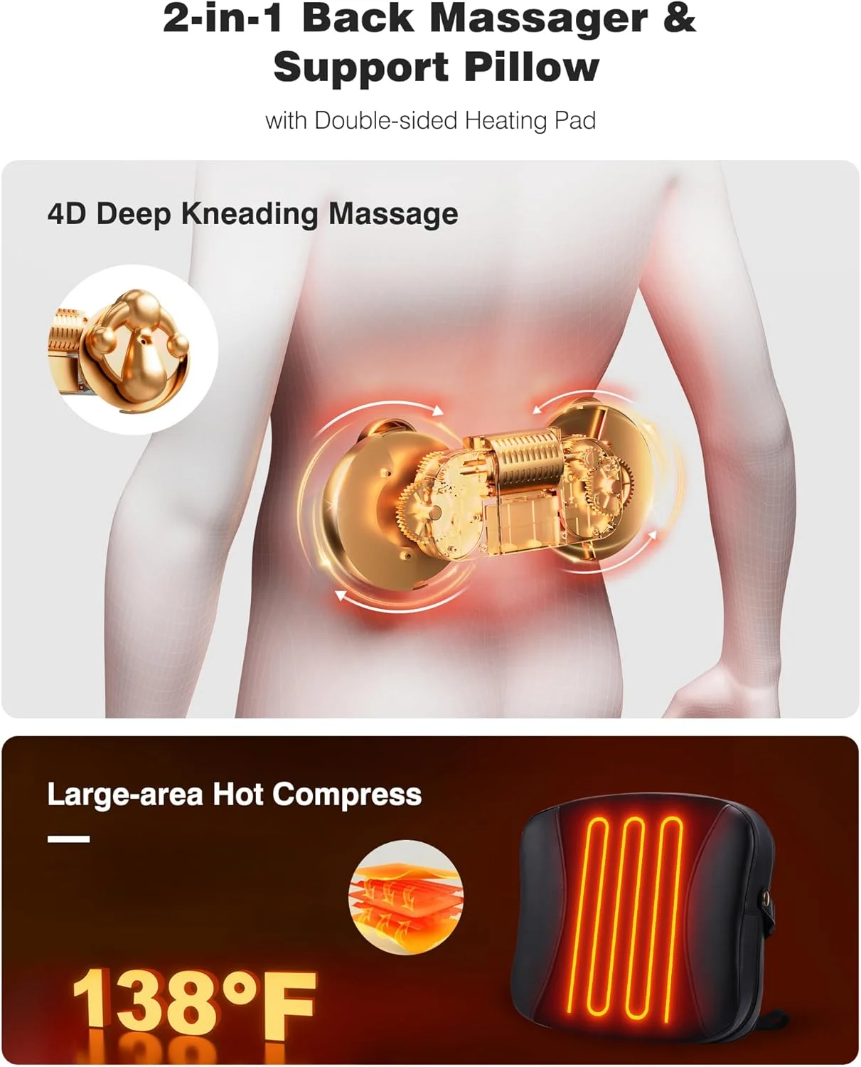 ماساژور کمر با گرما، ماساژور شیاتسو گردن ماساژ بافت عمیق بالش ماساژور برای کمر پا شانه - بالش پشتیبانی کمری برای صندلی اداری، هدیه برای مادر پدر زنان مردان