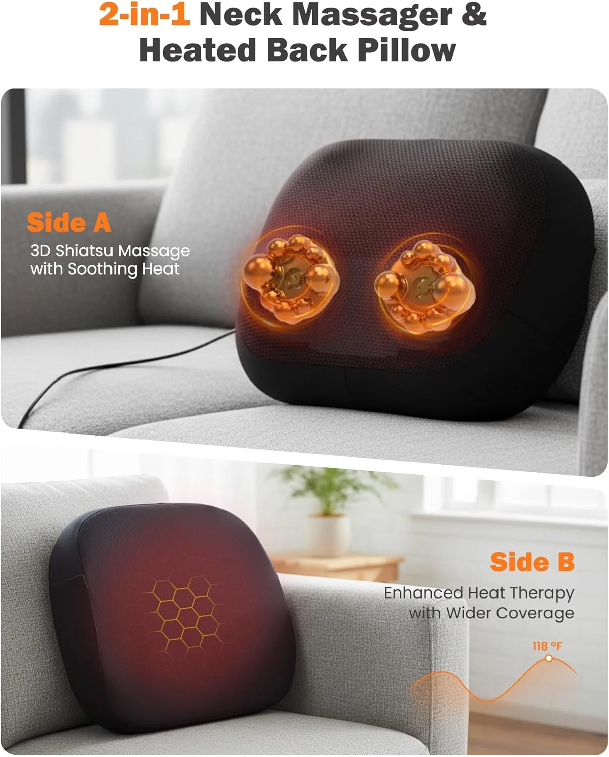 ماساژور کمر با گرما، ماساژور گردن شیاتسو 2 در 1 با ورز دادن عمیق بافت سه بعدی و گرمایش دو طرفه برای تسکین درد شانه و کمر، بالش پشتیبانی کمری برای صندلی اداری، هدیه برای مادر و پدر