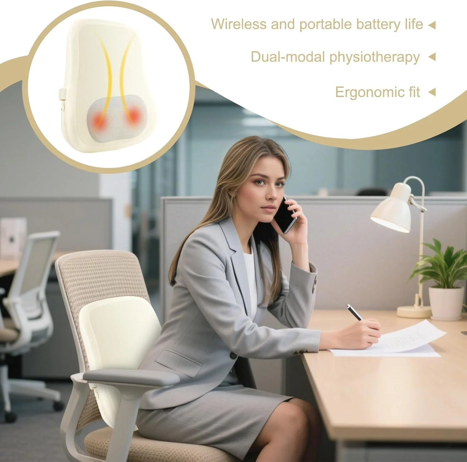 ماساژور کمر با گرما - ماساژور گردن گرمایشی - کوسن پشتیبانی کمری برقی و بدون سیم برای زنان و مردان، مناسب محل کار، ریکاوری ورزشی، خانه، مسافرت، صندلی ماشین