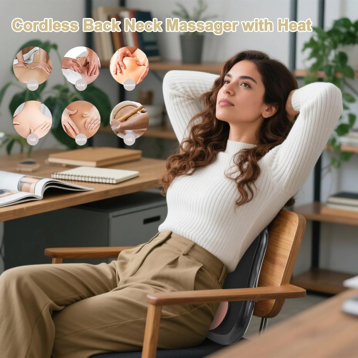 ماساژور کمر با گرما، ماساژور گردن گرمایشی - کوسن پشتیبانی کمری برقی بی سیم برای مردان زنان ریکاوری ورزشی مسافرت صندلی ماشین خانه