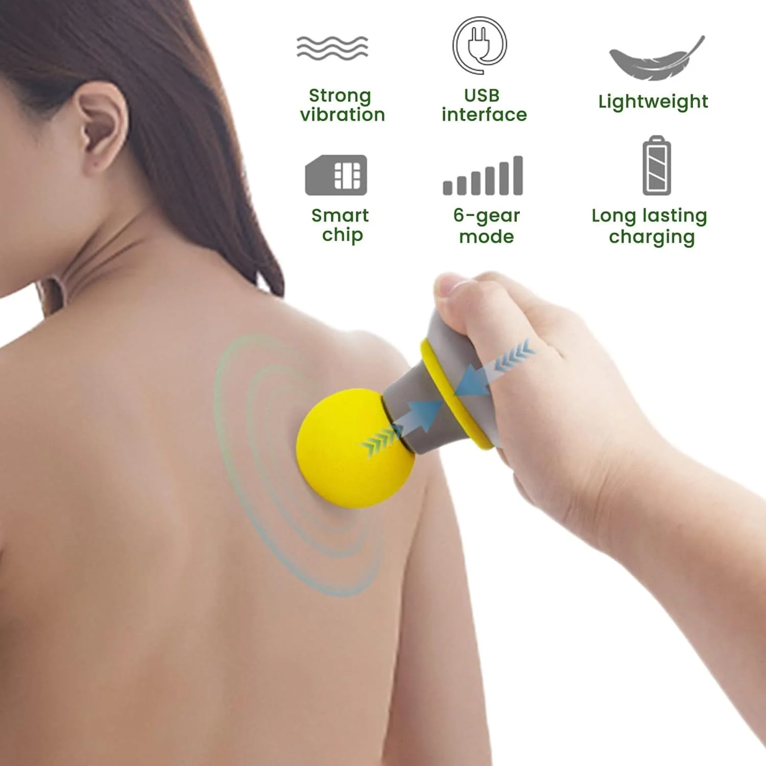 ماساژور دستی کوچک قابل حمل، ماساژور الکتریکی کوچک کل بدن، زمان استقامت طولانی و قابل شارژ با USB و 6 حالت لرزش برای ماساژ گردن، شانه، پا، ریکاوری ورزشی (زرد).