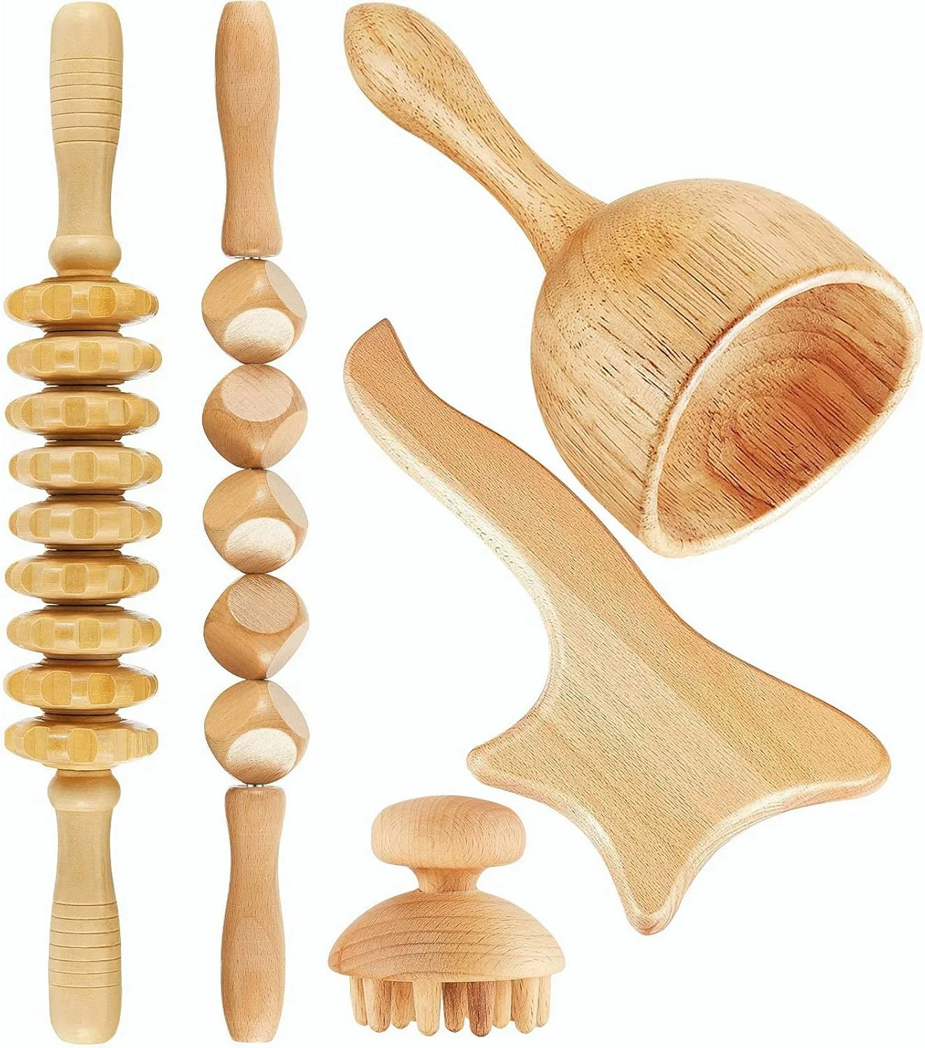 مجموعه 5 عددی ابزار ماساژ چوبی یشاین، ابزار ماساژ چوبی، غلتک ماساژ چوبی، ماساژ عضلات، ابزار گوا شا ضد سلولیت، پیکرتراشی بدن