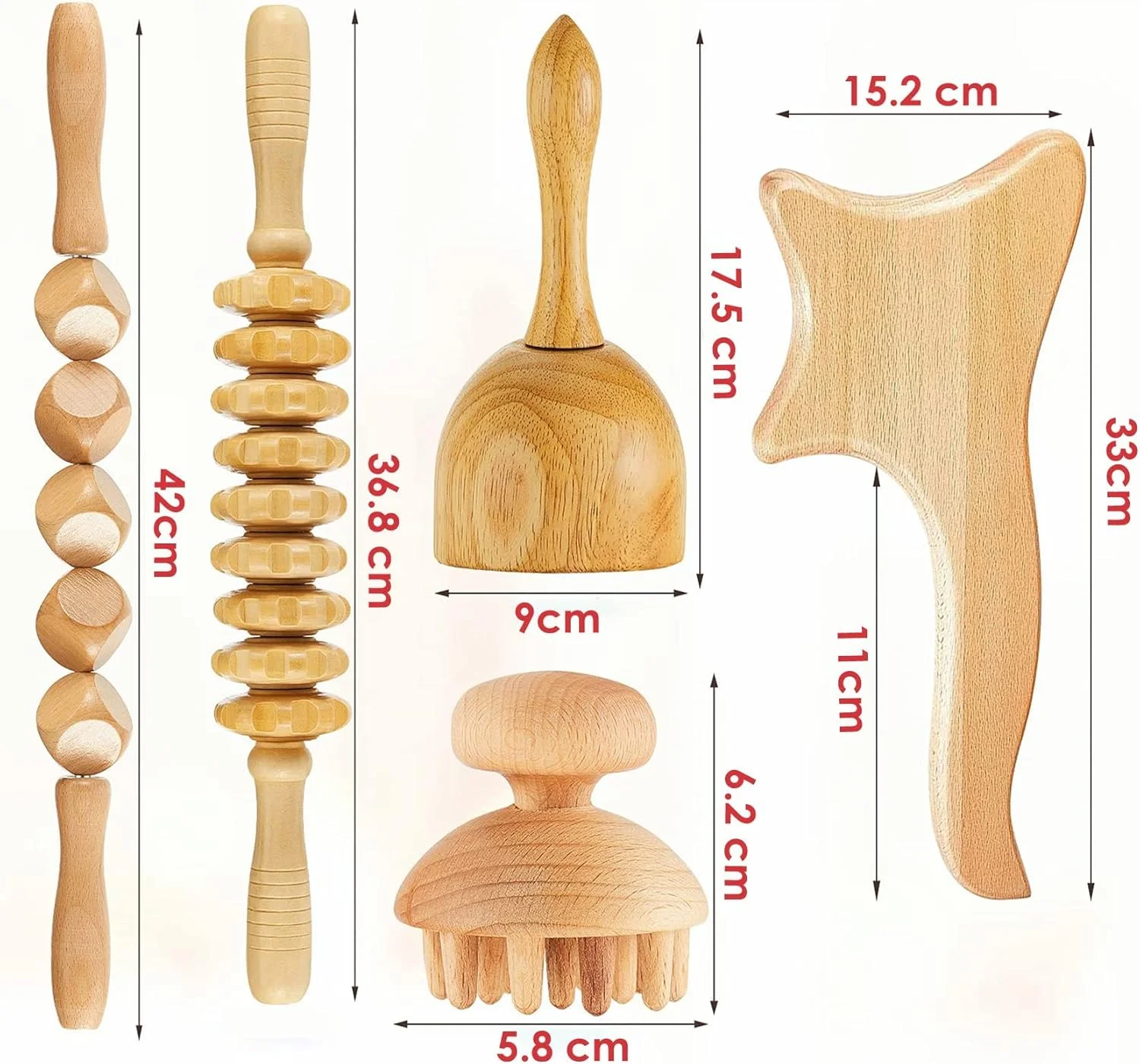 مجموعه 5 عددی ابزار ماساژ چوبی یشاین، ابزار ماساژ چوبی، غلتک ماساژ چوبی، ماساژ عضلات، ابزار گوا شا ضد سلولیت، پیکرتراشی بدن